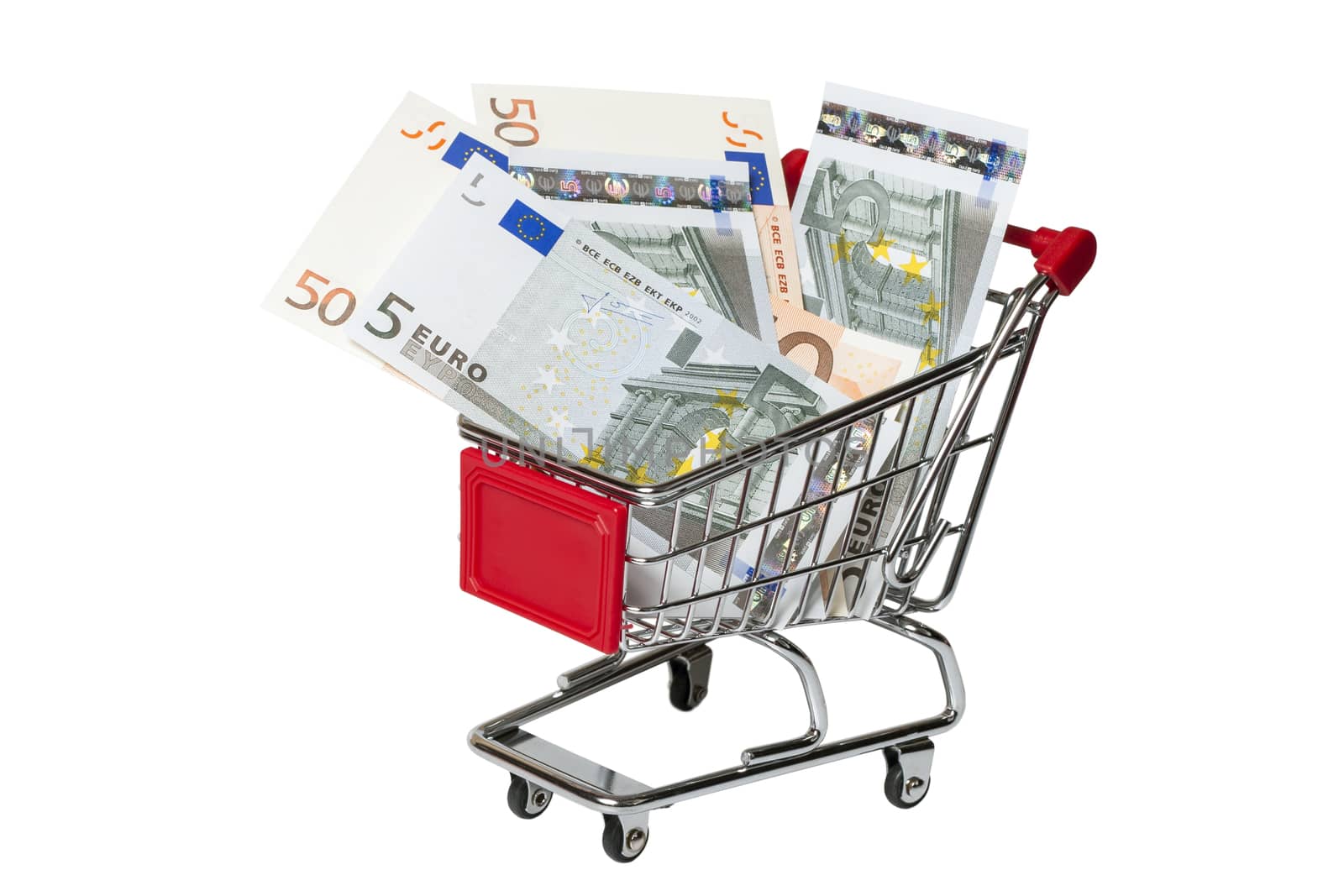 Shopping cart with banknotes of 5 and 50 euro on a white background
