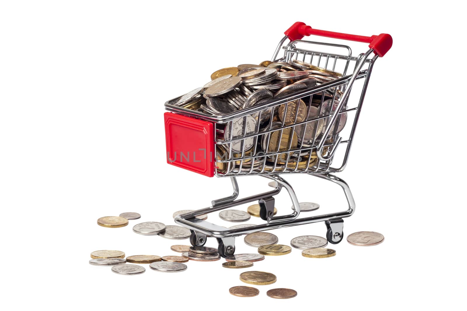 Shopping cart with coins for 2, 5 and 10 rubles on a white background