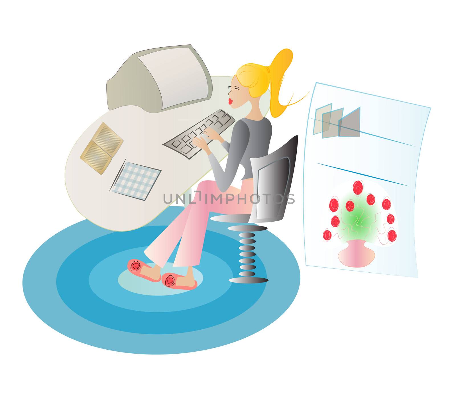 lady working at her home office, with slippers on carpet, vector by Dr.G