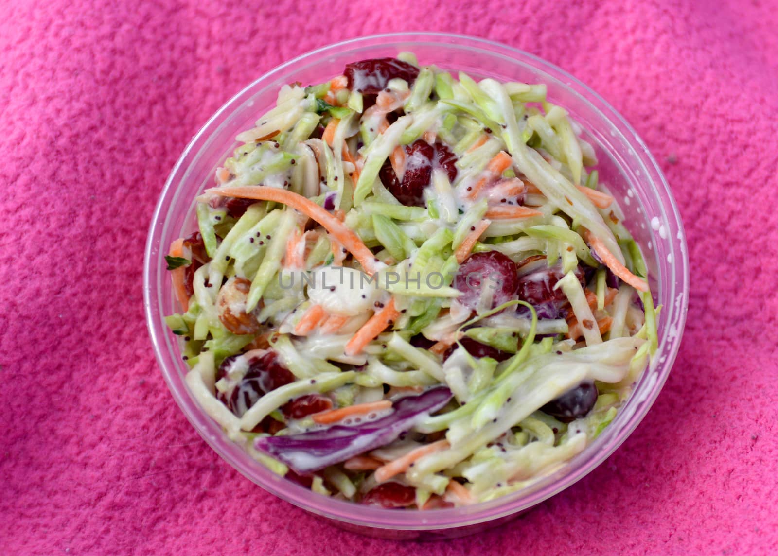 close-up of coleslaw in a to-go container