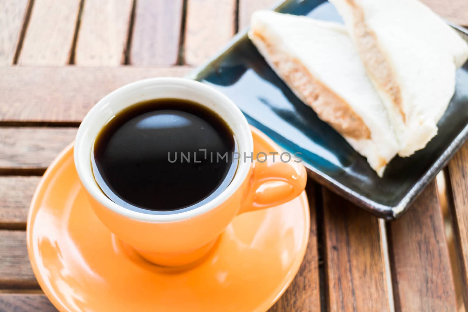 Breakfast with hot coffee and sandwiches, stock photo