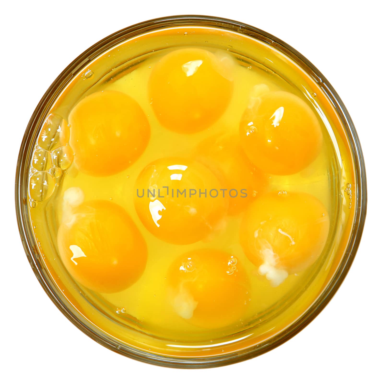 Raw Eggs in Glass Bowl Isolated Over White