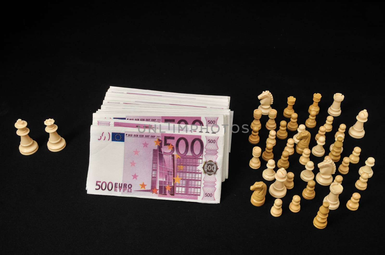 Money Strategy Concept White Chess and Currency on a Black Background