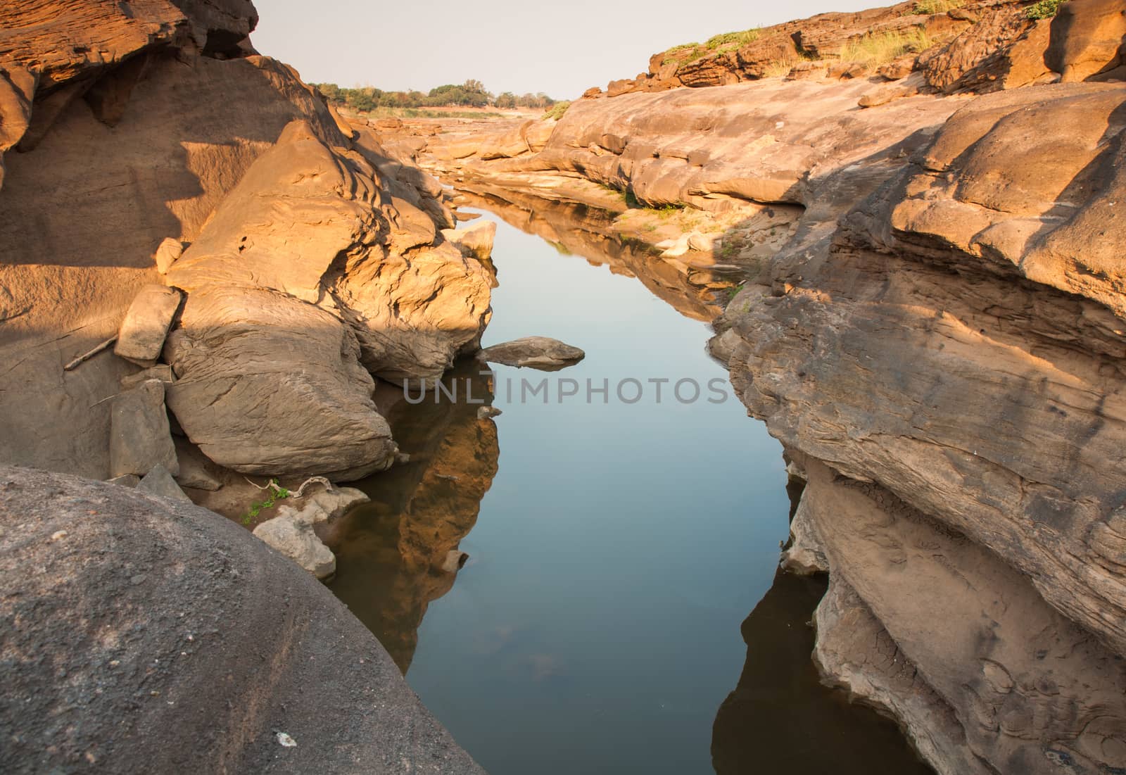 Sam Phan Bok rock canyon beside Khong river,Ubon Ratchathani of Thailand.