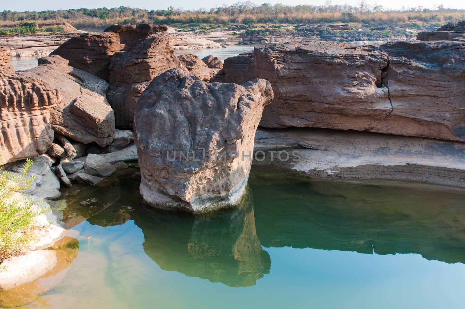 Sam Phan Bok rock canyon beside Khong river,Ubon Ratchathani of Thailand.