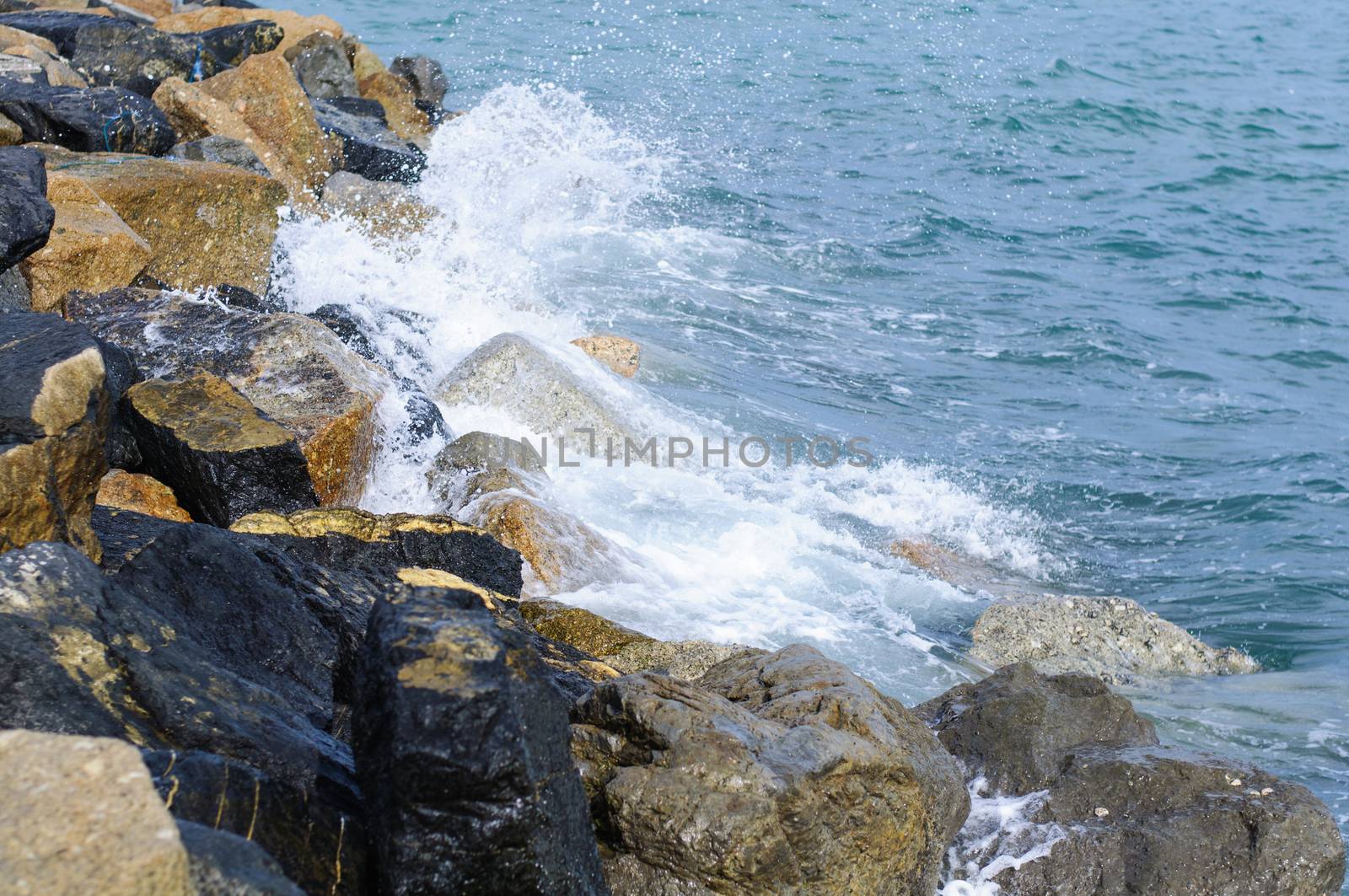 Storm. Wave above the rock coast sea
