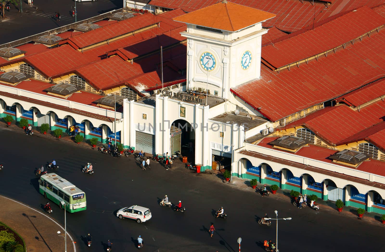 HO CHI MINH CITY, VIET NAM- MAR 23: Ben Thanh market from high view, place is famous destination of Vietnam travel in Ho chi Minh, ancient architecture, amazing red roof on day, VietNam, Mar 23, 2014