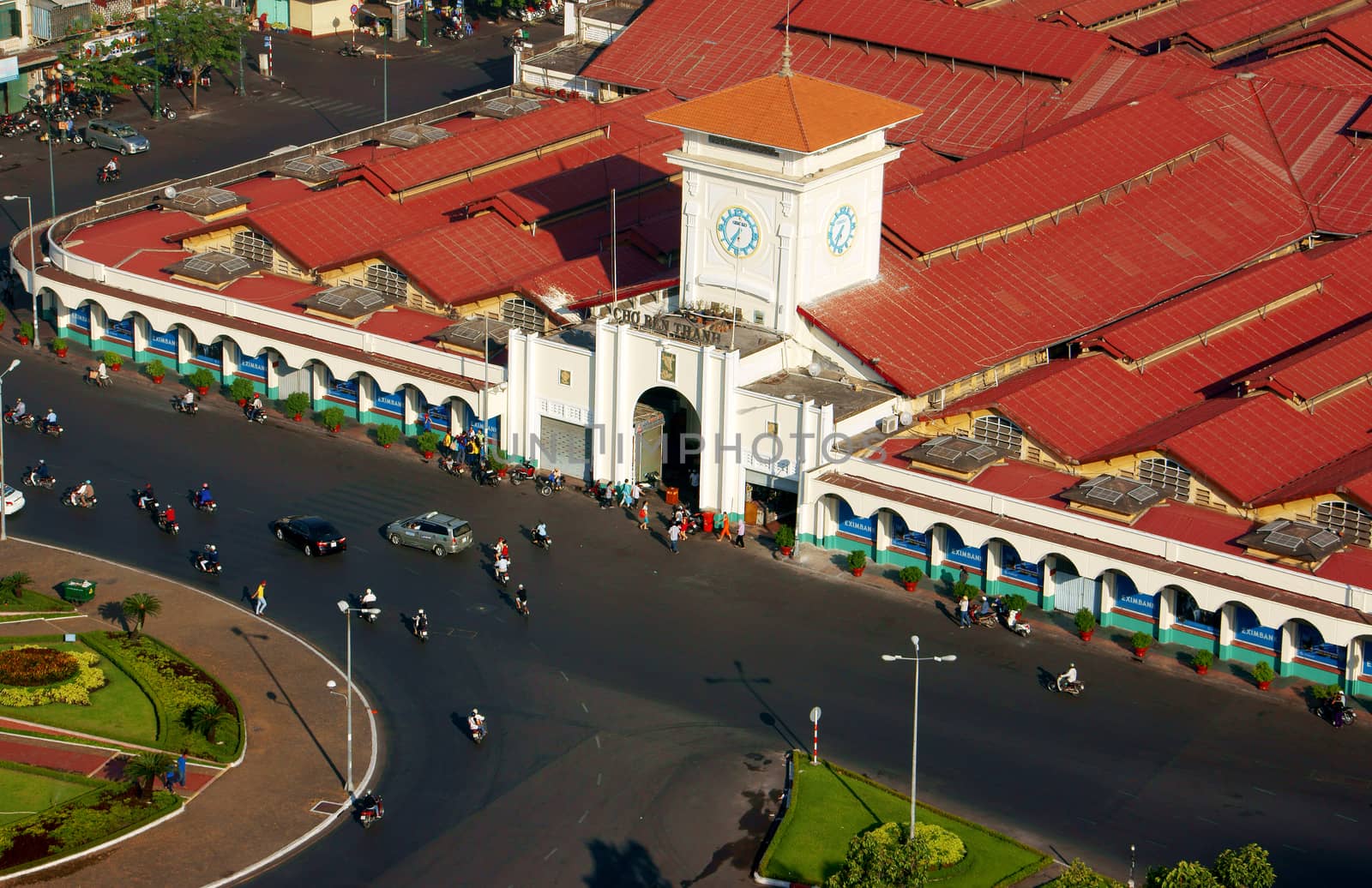 HO CHI MINH CITY, VIET NAM- MAR 23: Ben Thanh market from high view, place is famous destination of Vietnam travel in Ho chi Minh, ancient architecture, amazing red roof on day, VietNam, Mar 23, 2014