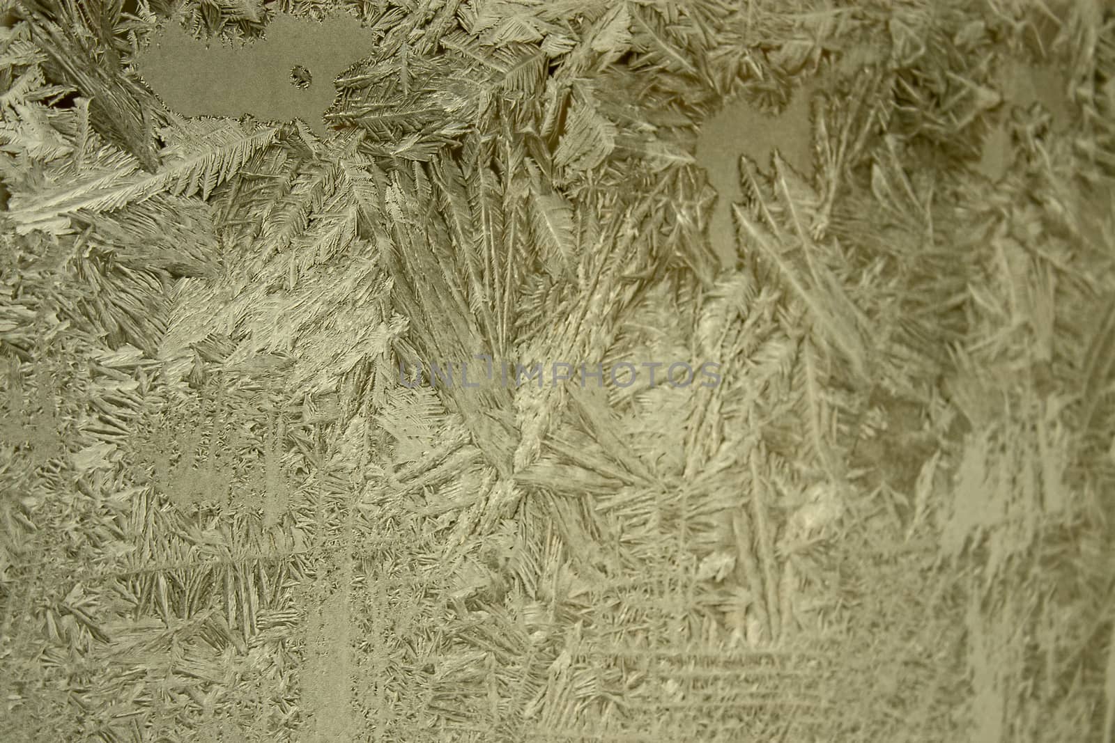 View of  frost on  glass window. Image with shallow depth of field.