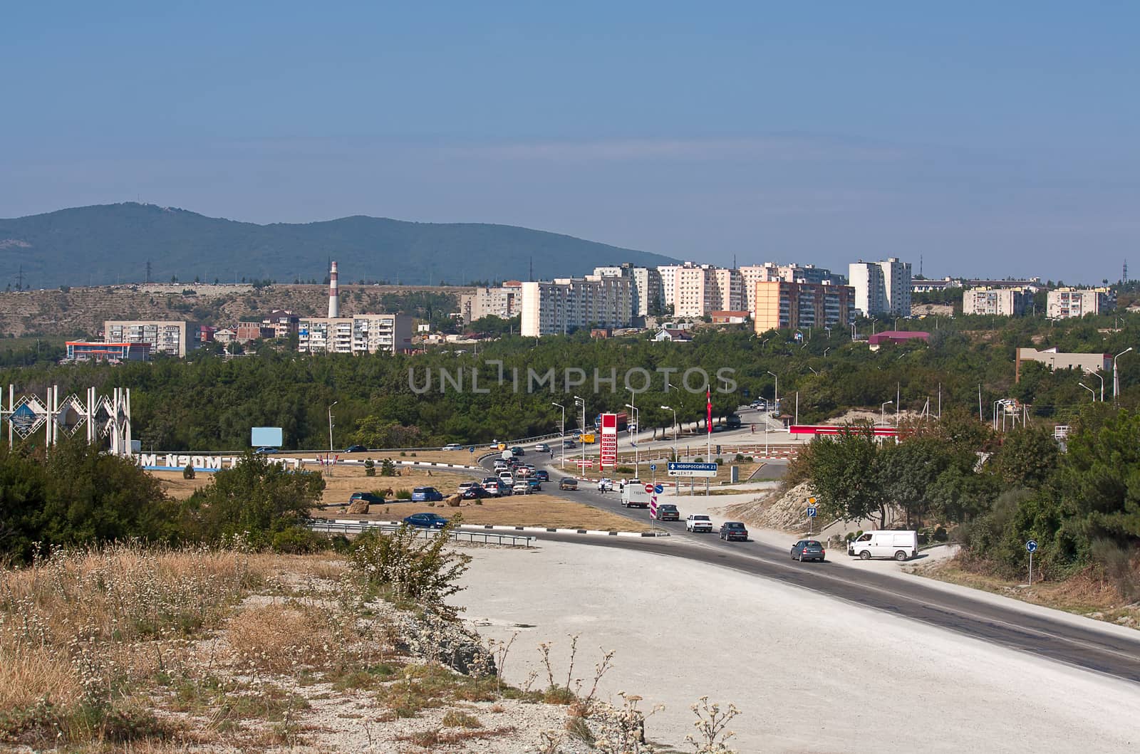 View of  road and  city against  background of  mountain, Krasnodar region Russia.