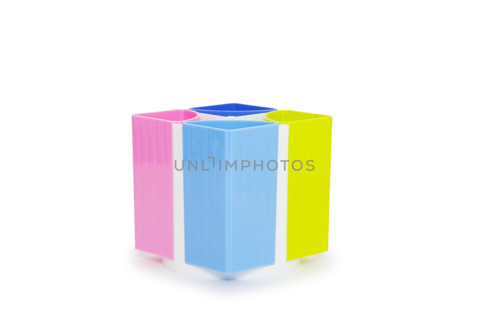 Colorful pencil holder isolated on white background 