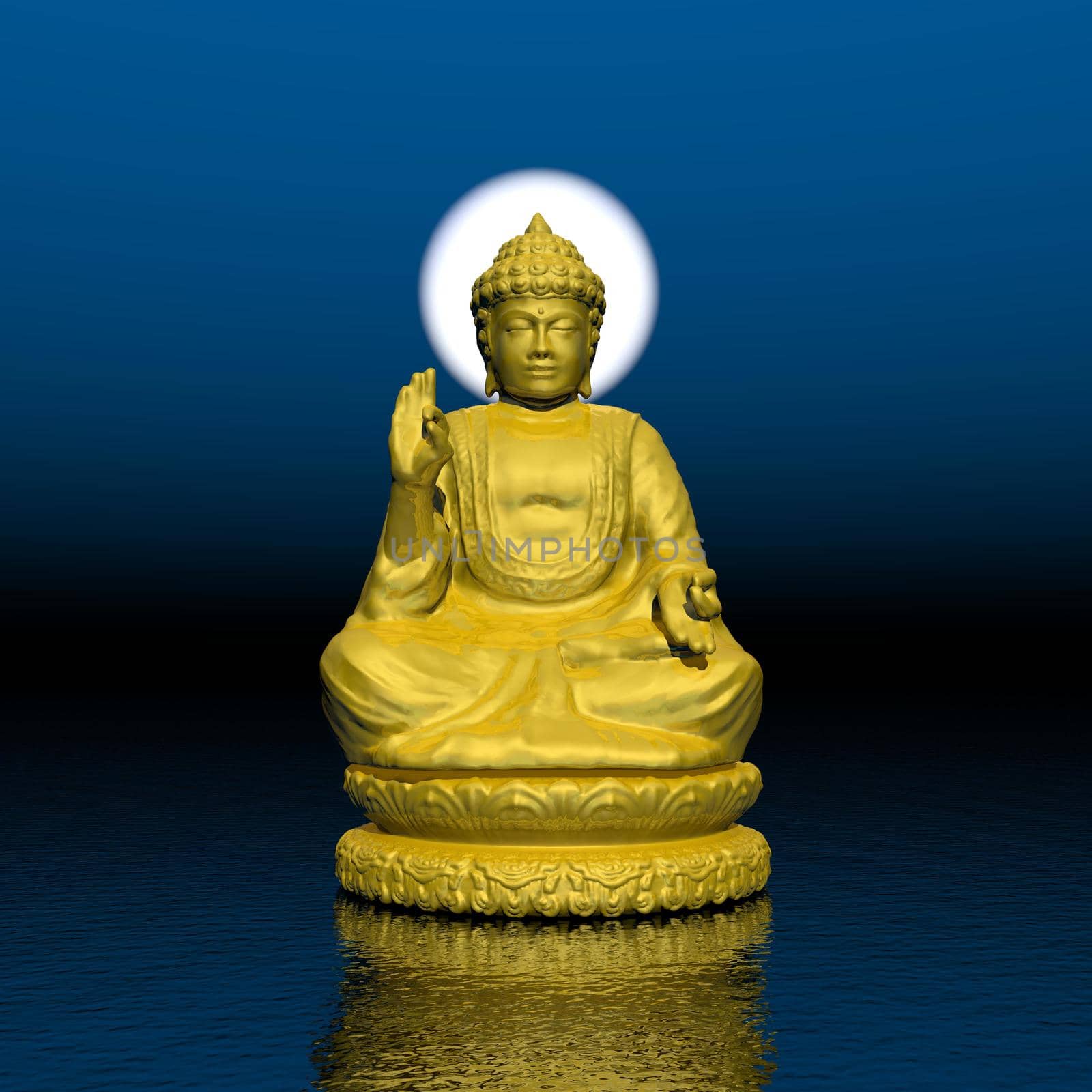 One golden buddha with white halo around the head meditating on water by beautiful night