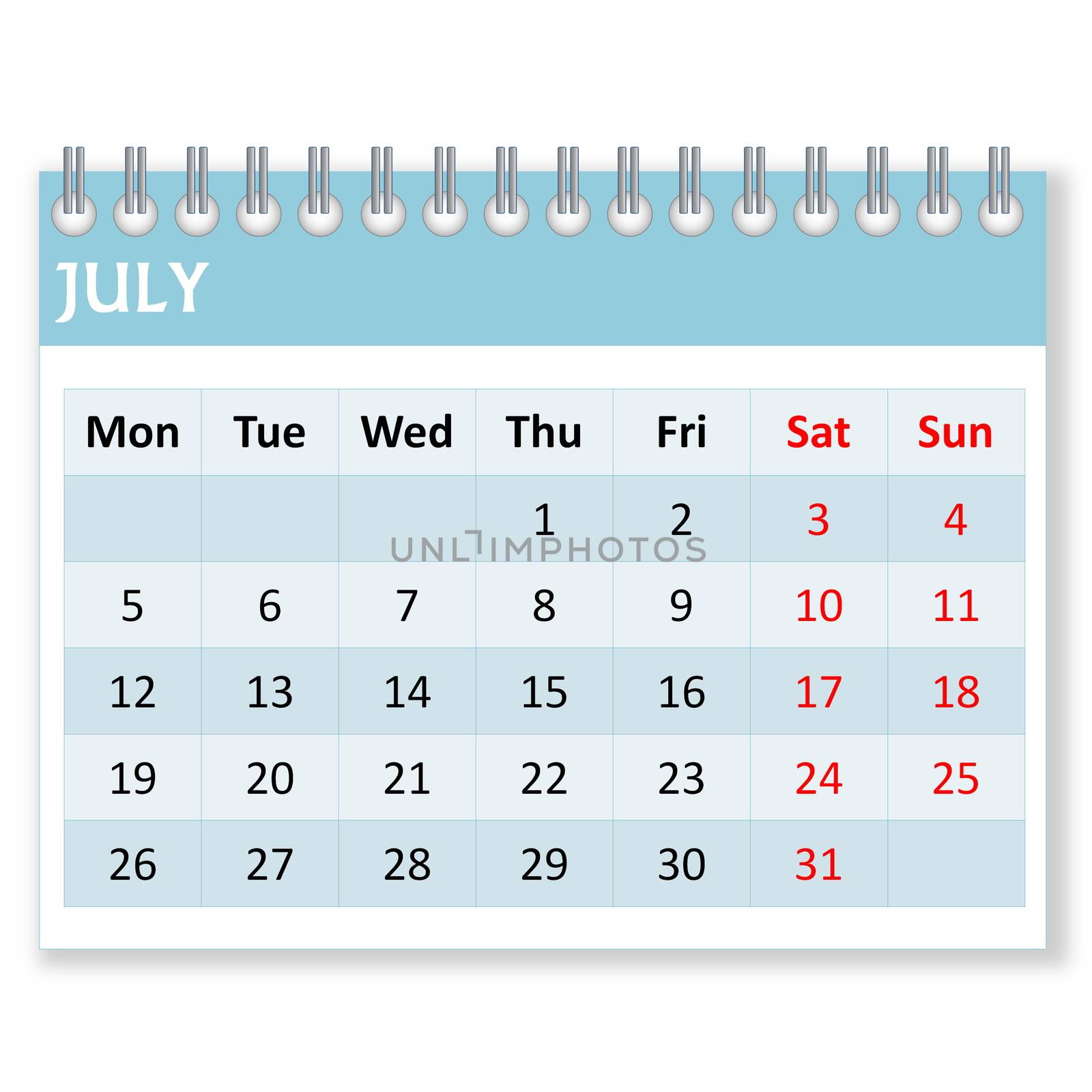 Calendar sheet for july month in white background, week starts from monday