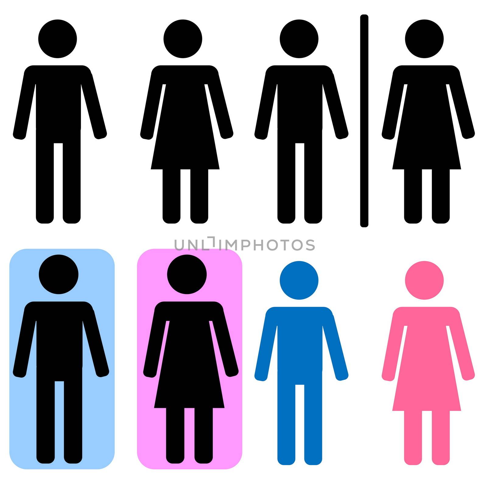 Black, blue, pink set of male and female signs in white background