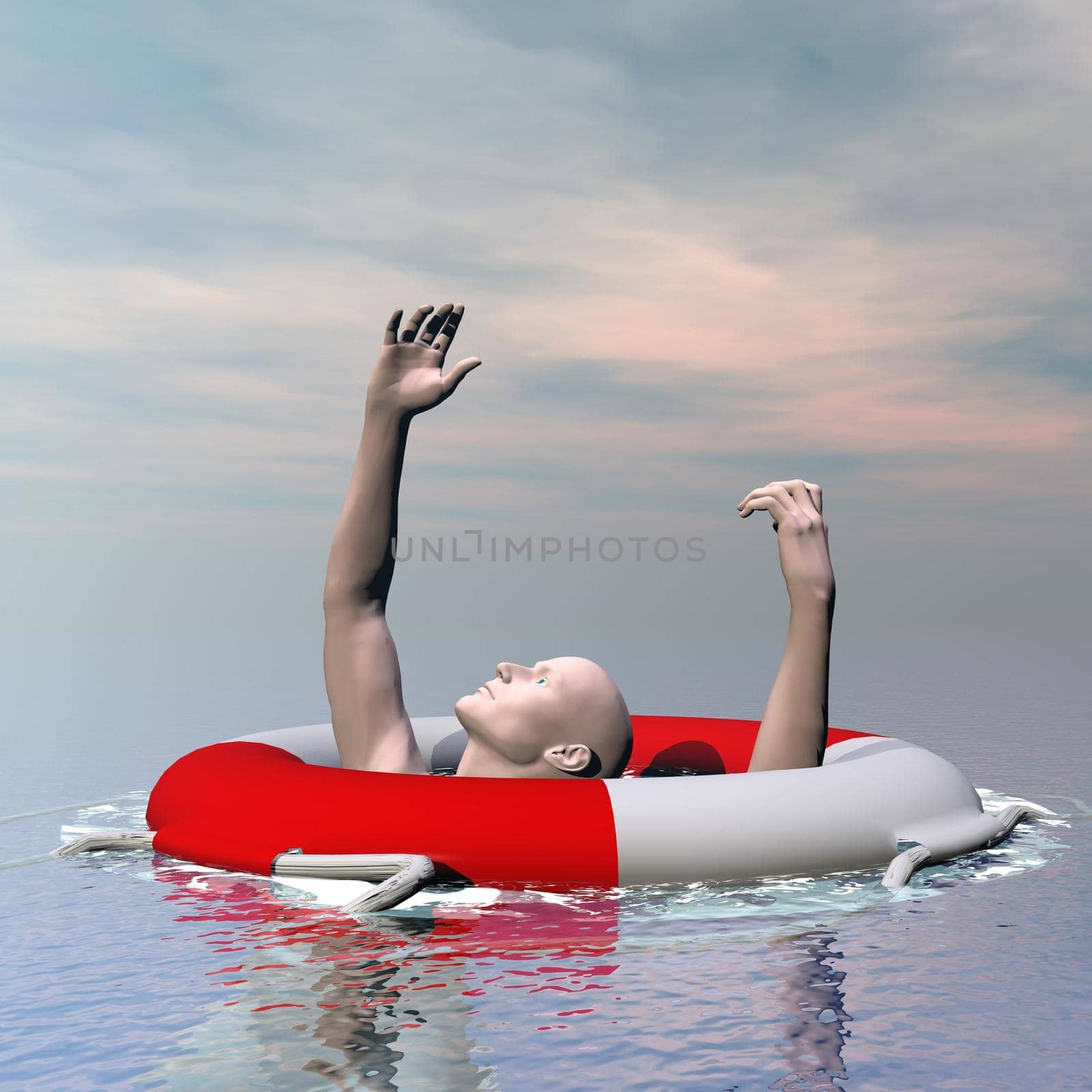 Man drowning in the ocean despite having y buoy to help by cloudy day