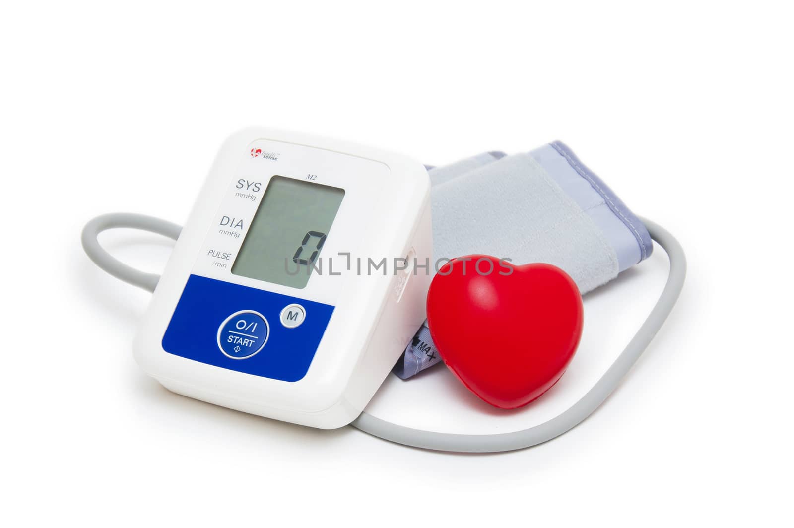 Digital blood pressure meter with love heart symbol on white background  by cocoo