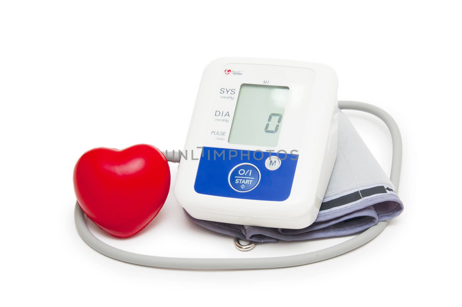 Digital blood pressure meter with love heart symbol on white background 