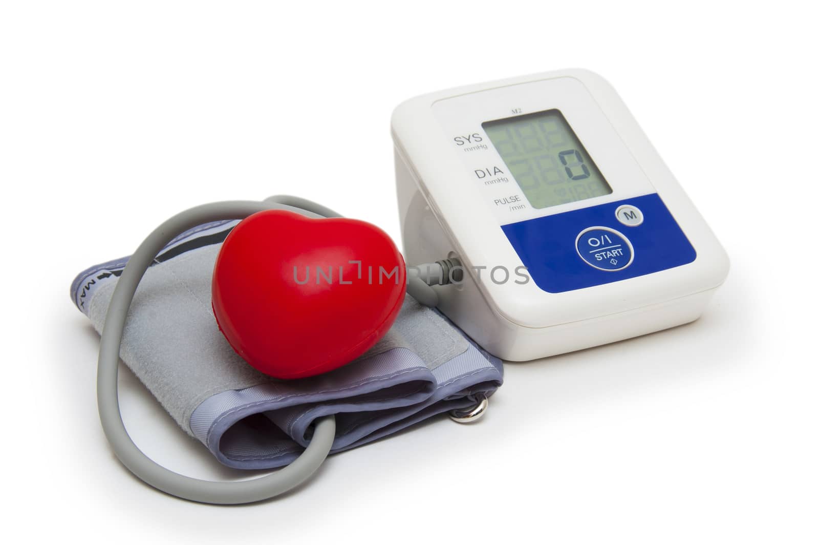 Digital blood pressure meter with love heart symbol on white background 