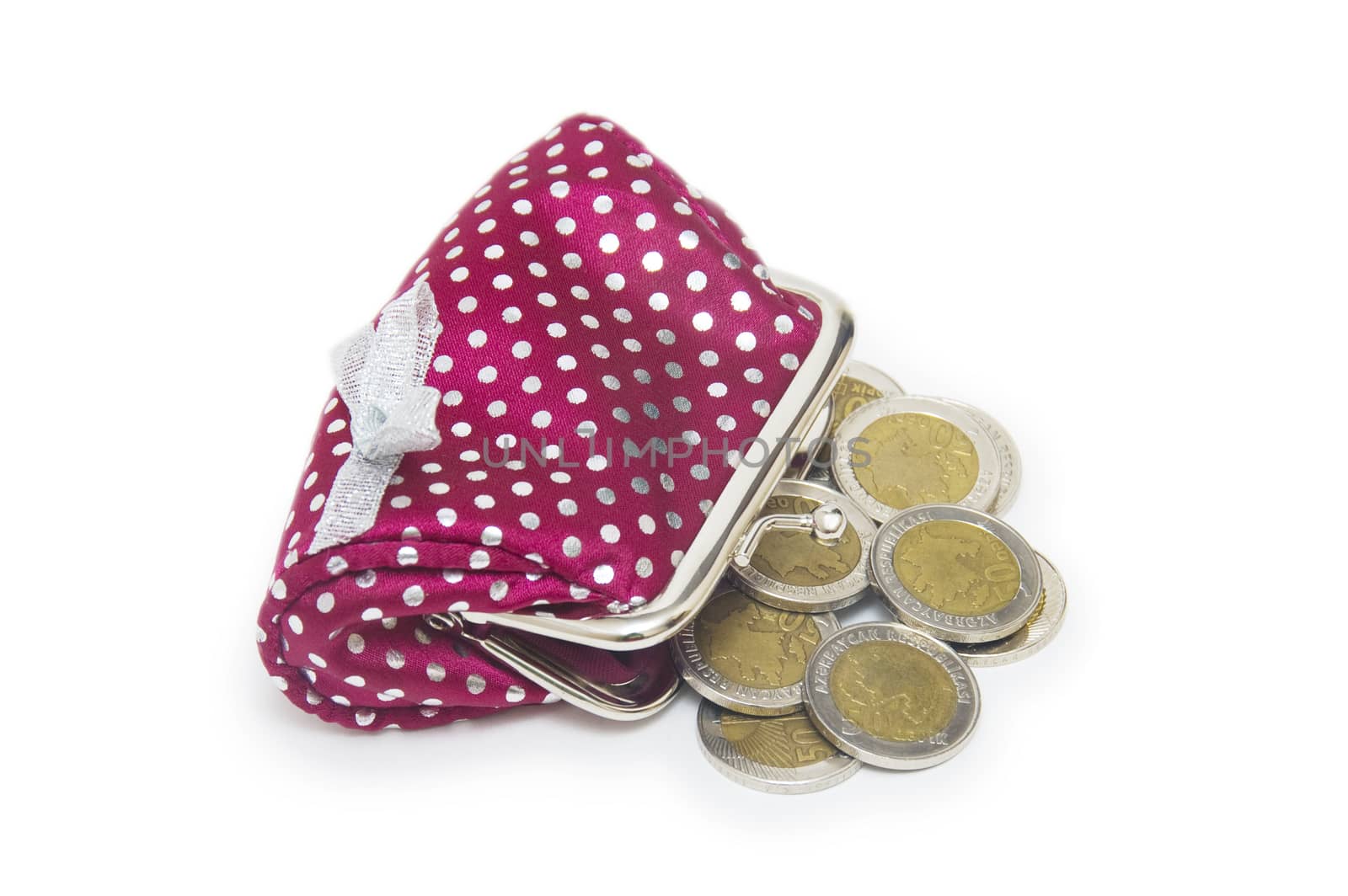 Beautiful purse with coins isolated on white background  by cocoo