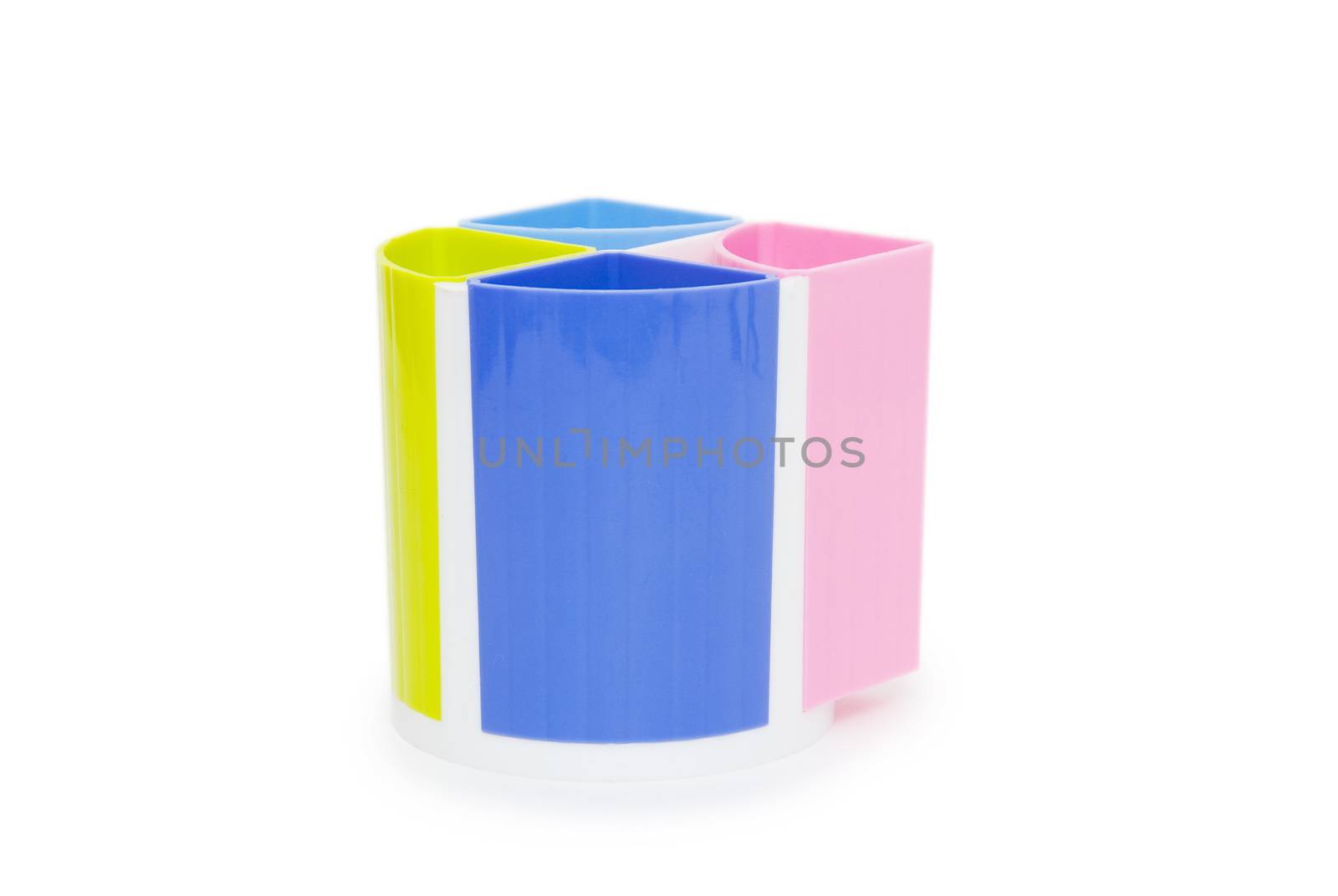 Colorful pencil holder isolated on white 