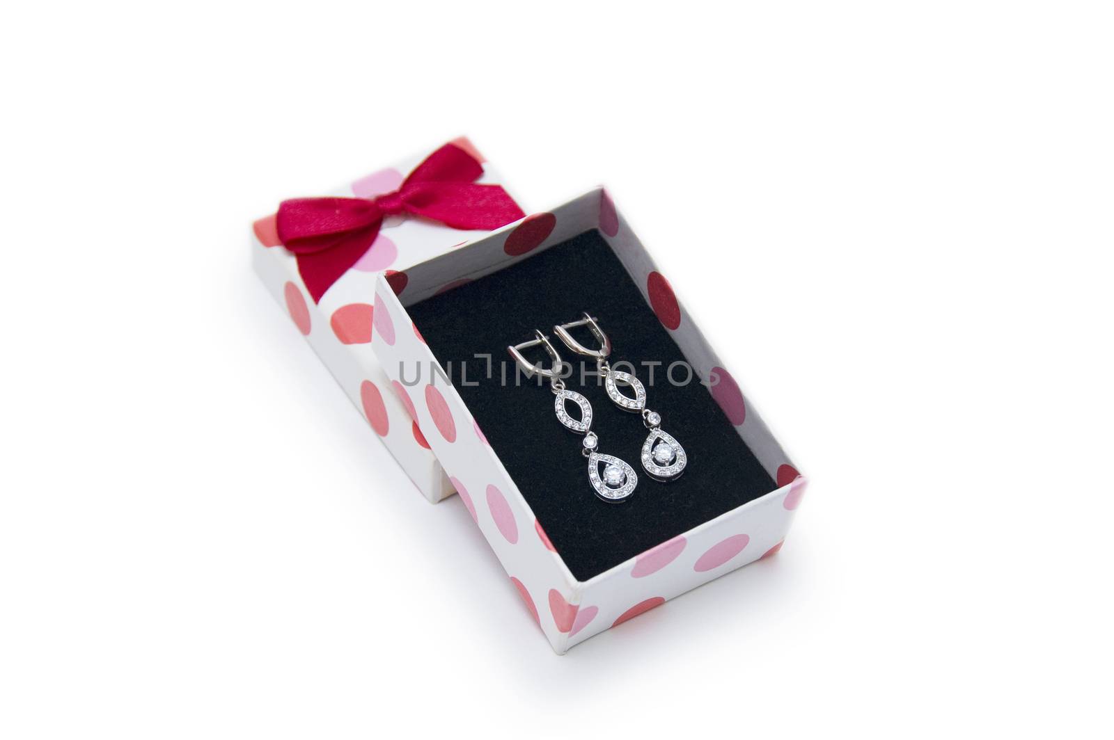 Silver earrings in a box on white background 