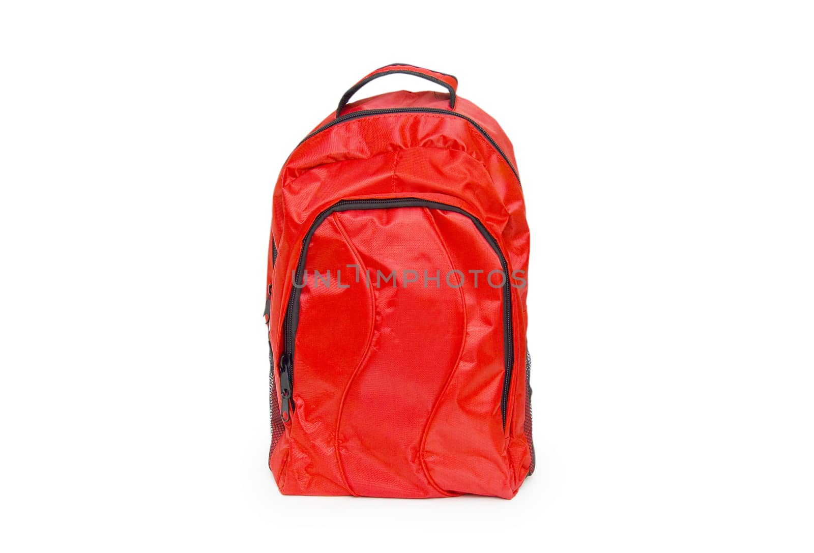 Red school backpack isolated on white by cocoo