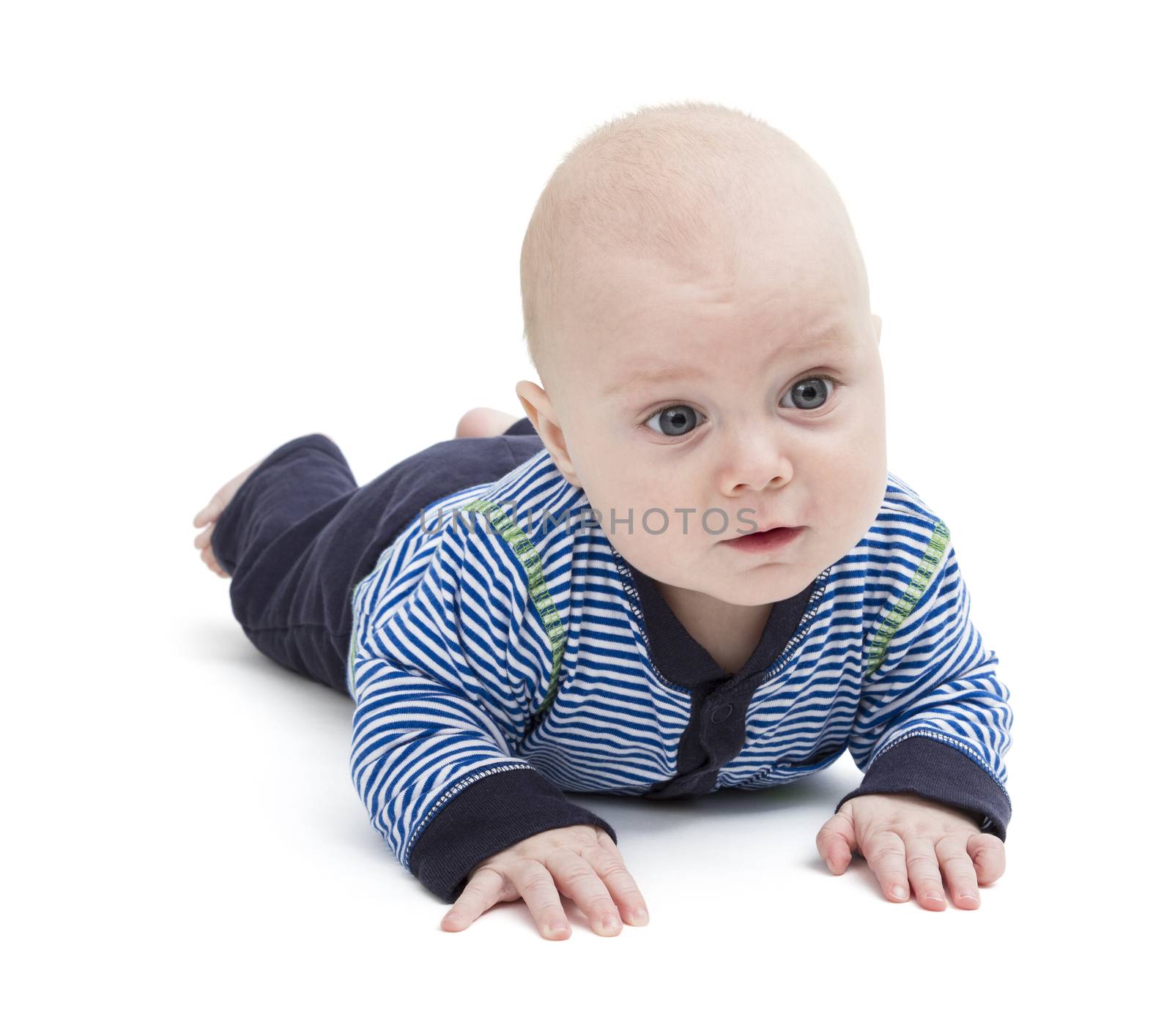 attentive baby laying on ground isolated on white background