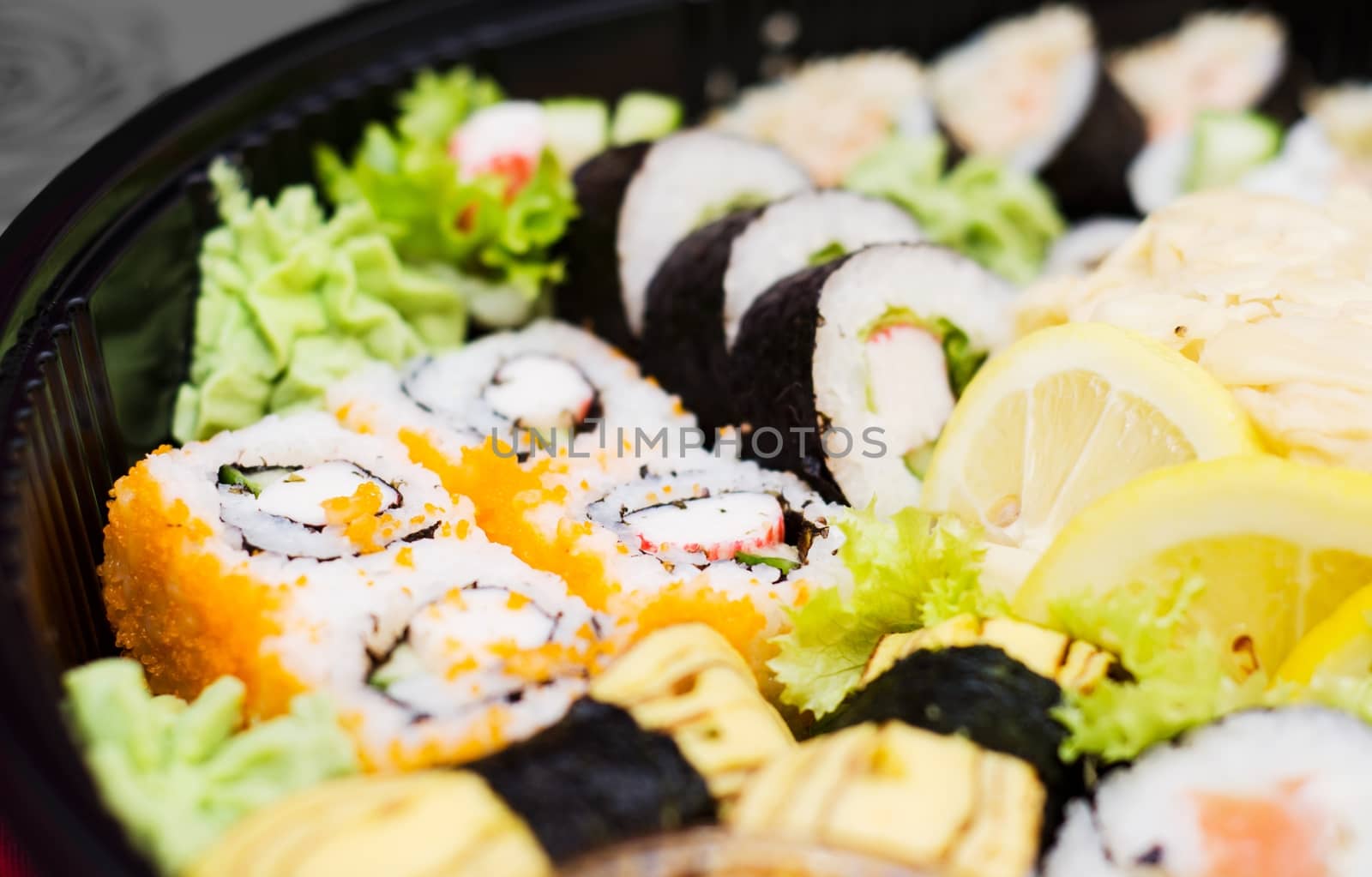 Close up of traditional japanese sushi set