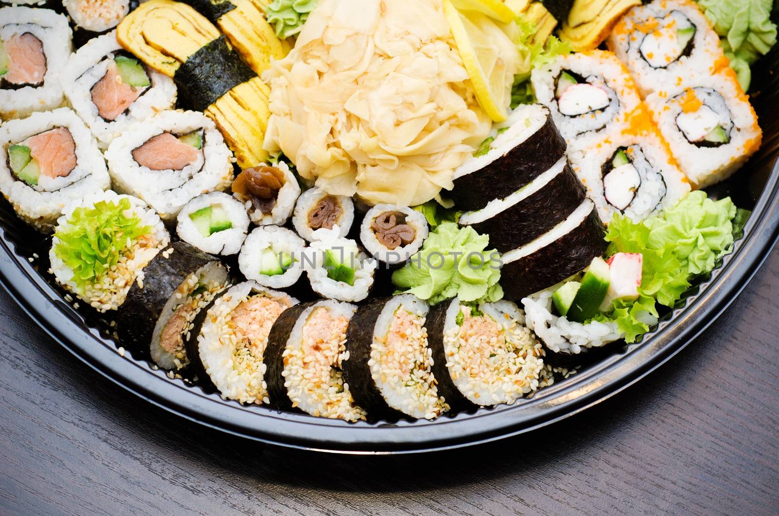 Sushi set takeaway. Traditional Japanese food. 