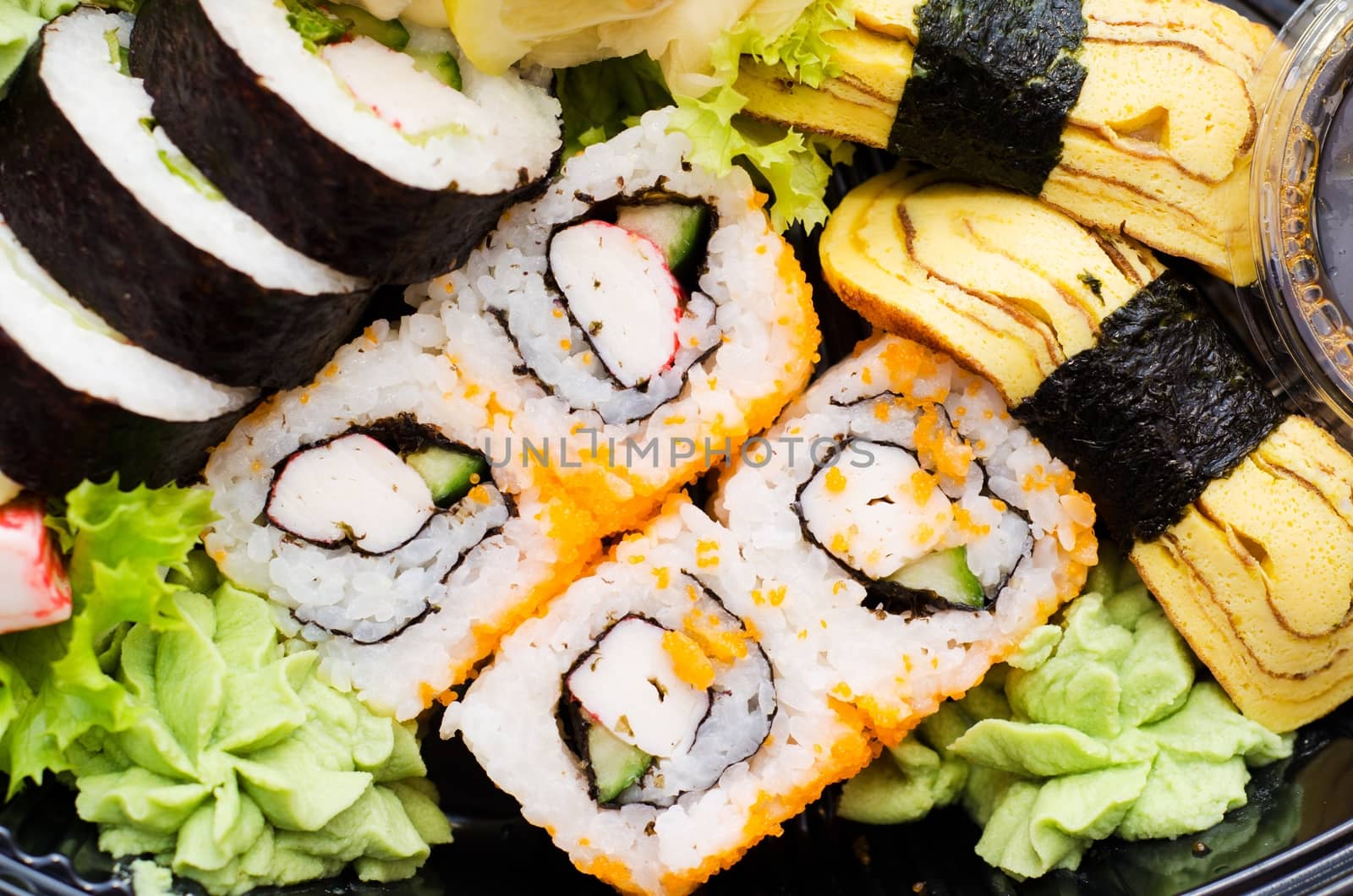 Close up of traditional japanese sushi set