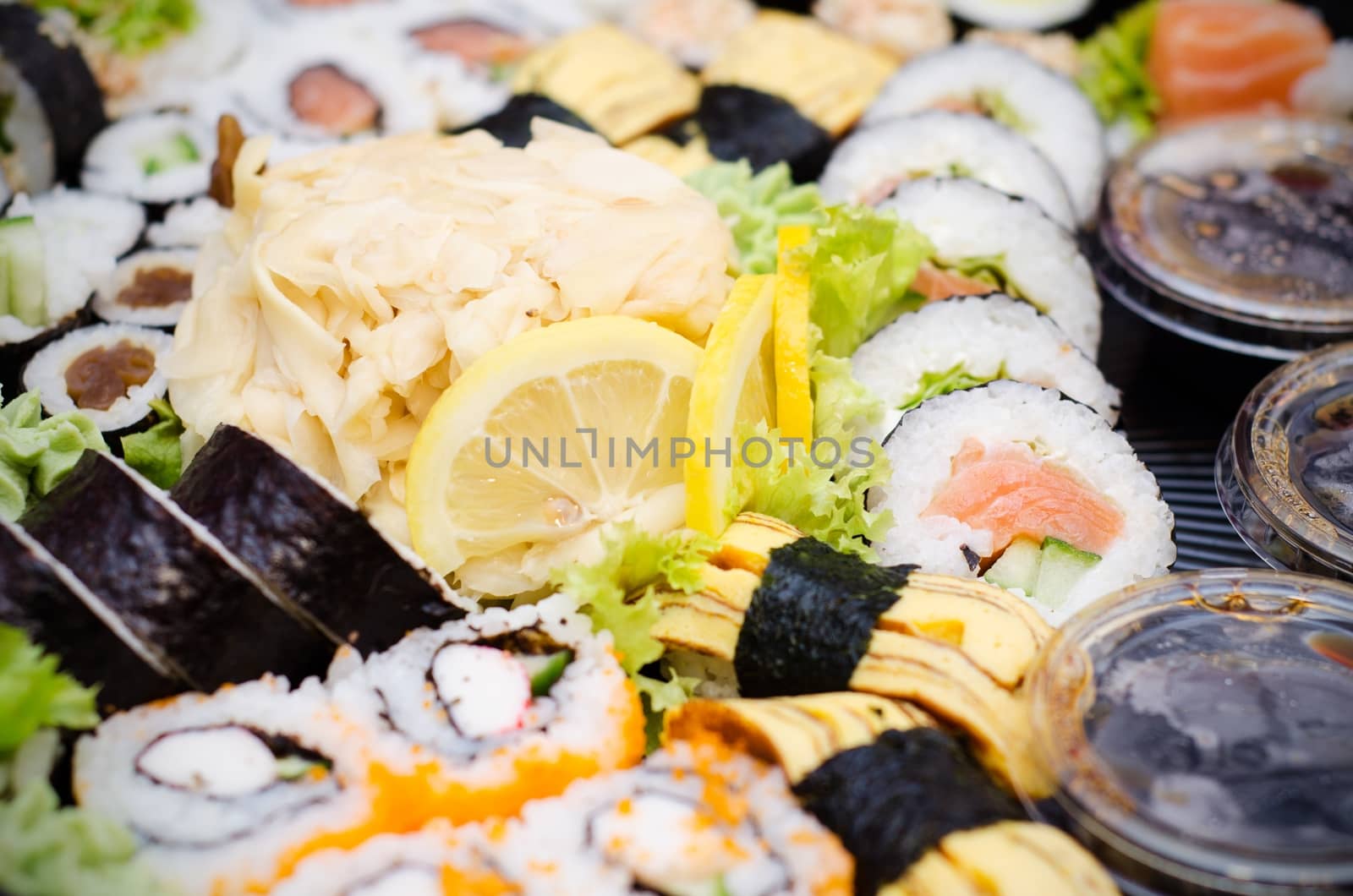 Close up of traditional japanese sushi set