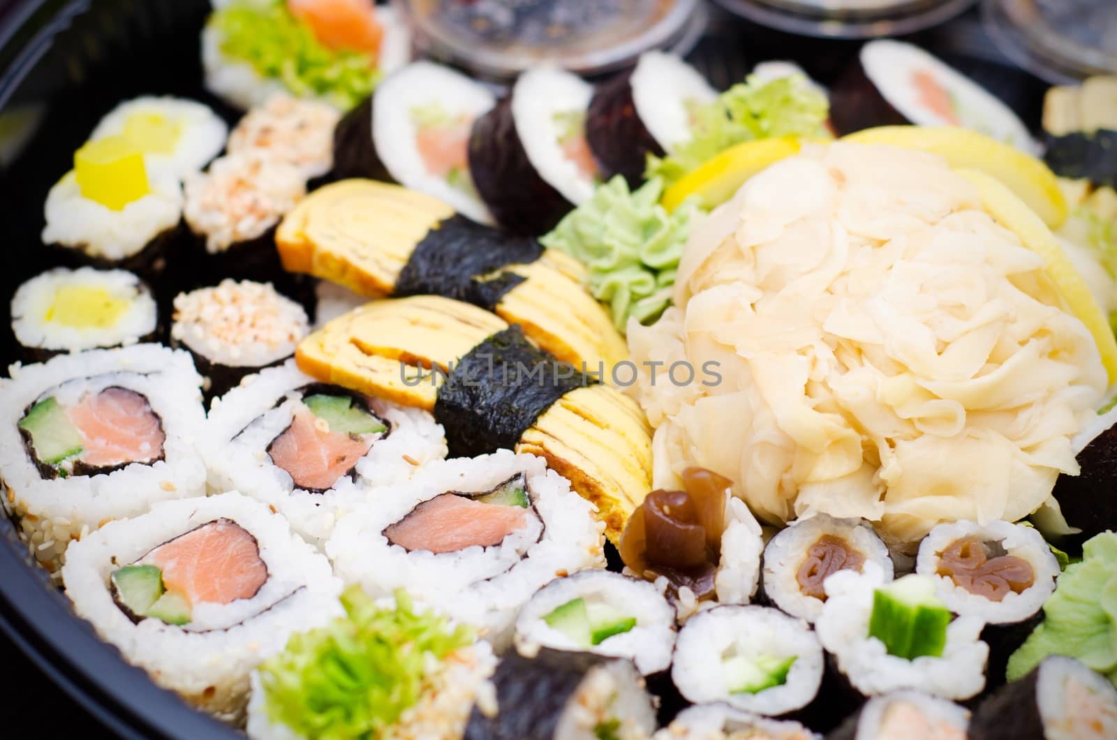 Close up of traditional japanese sushi set