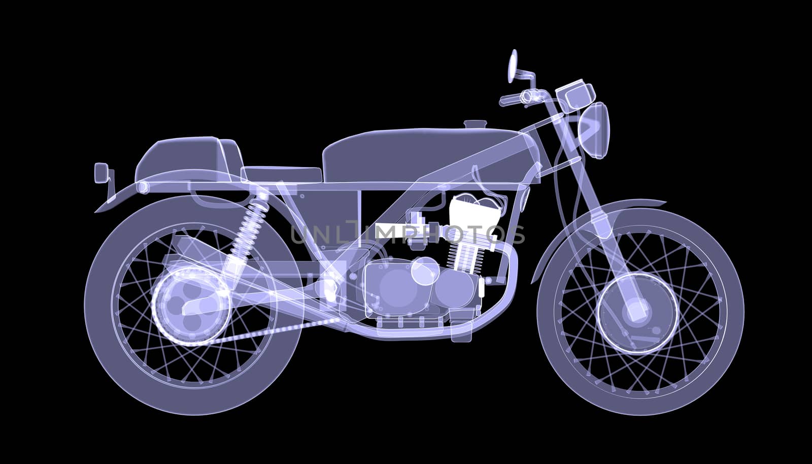 Motorcycle. X-Ray render isolated on black background