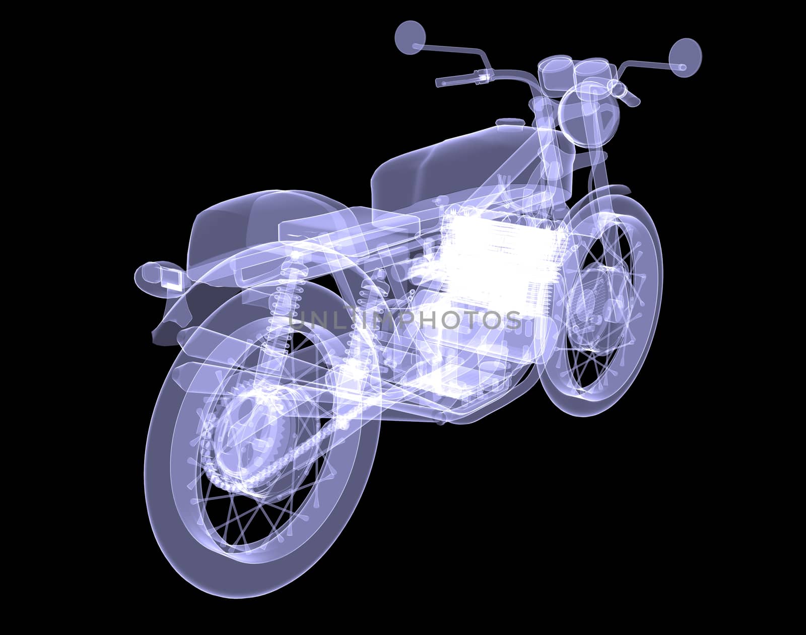 Motorcycle. X-Ray render isolated on black background