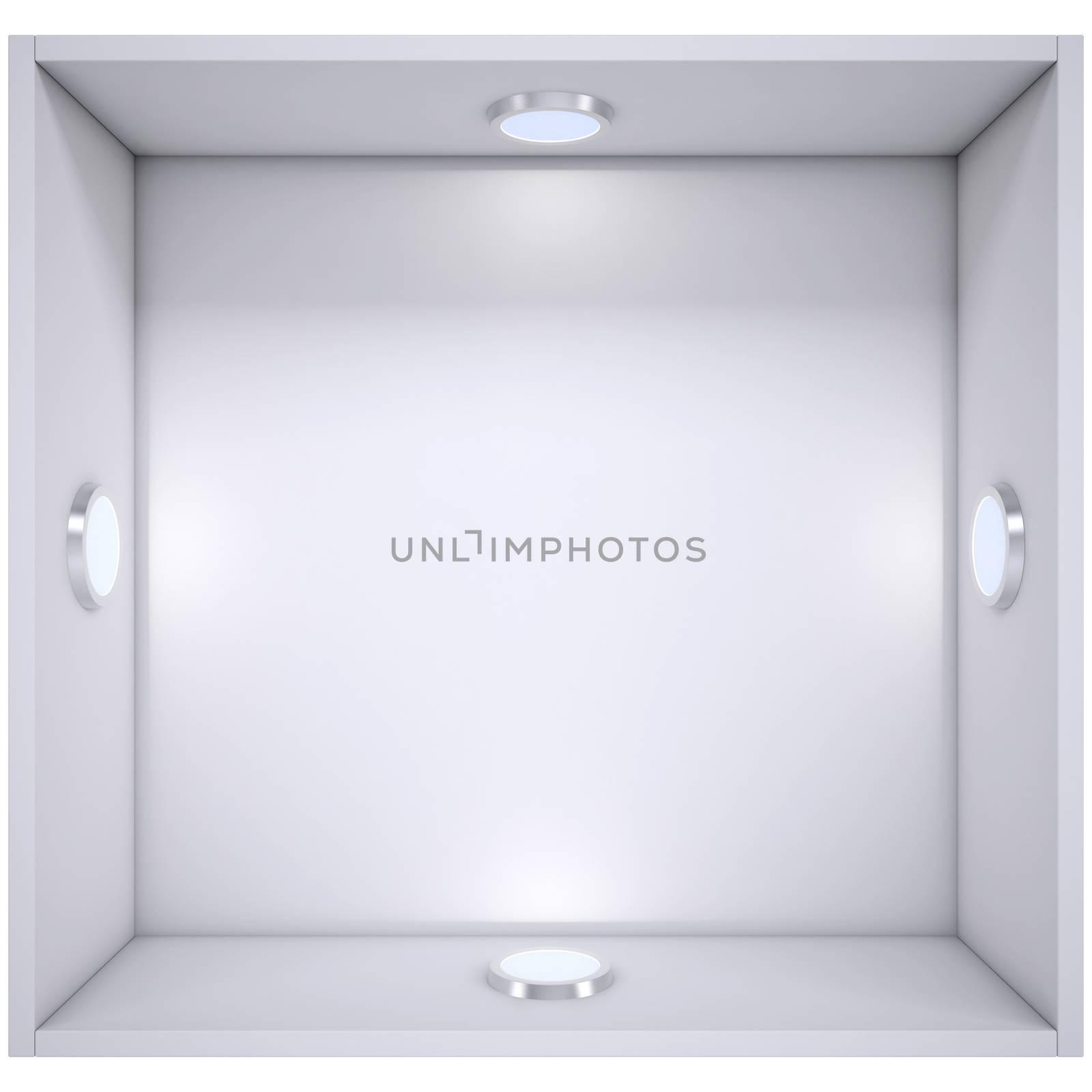 White shelf with a light source. Isolated render on a white background