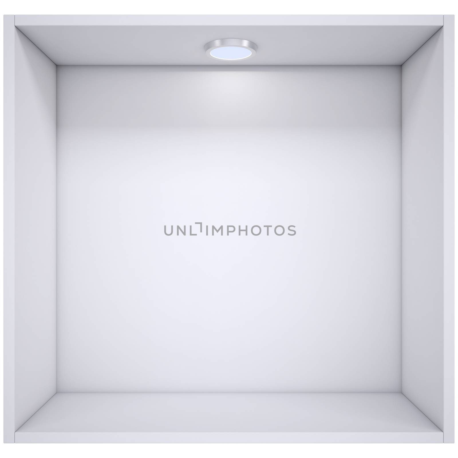 White shelf with a light source. Isolated render on a white background