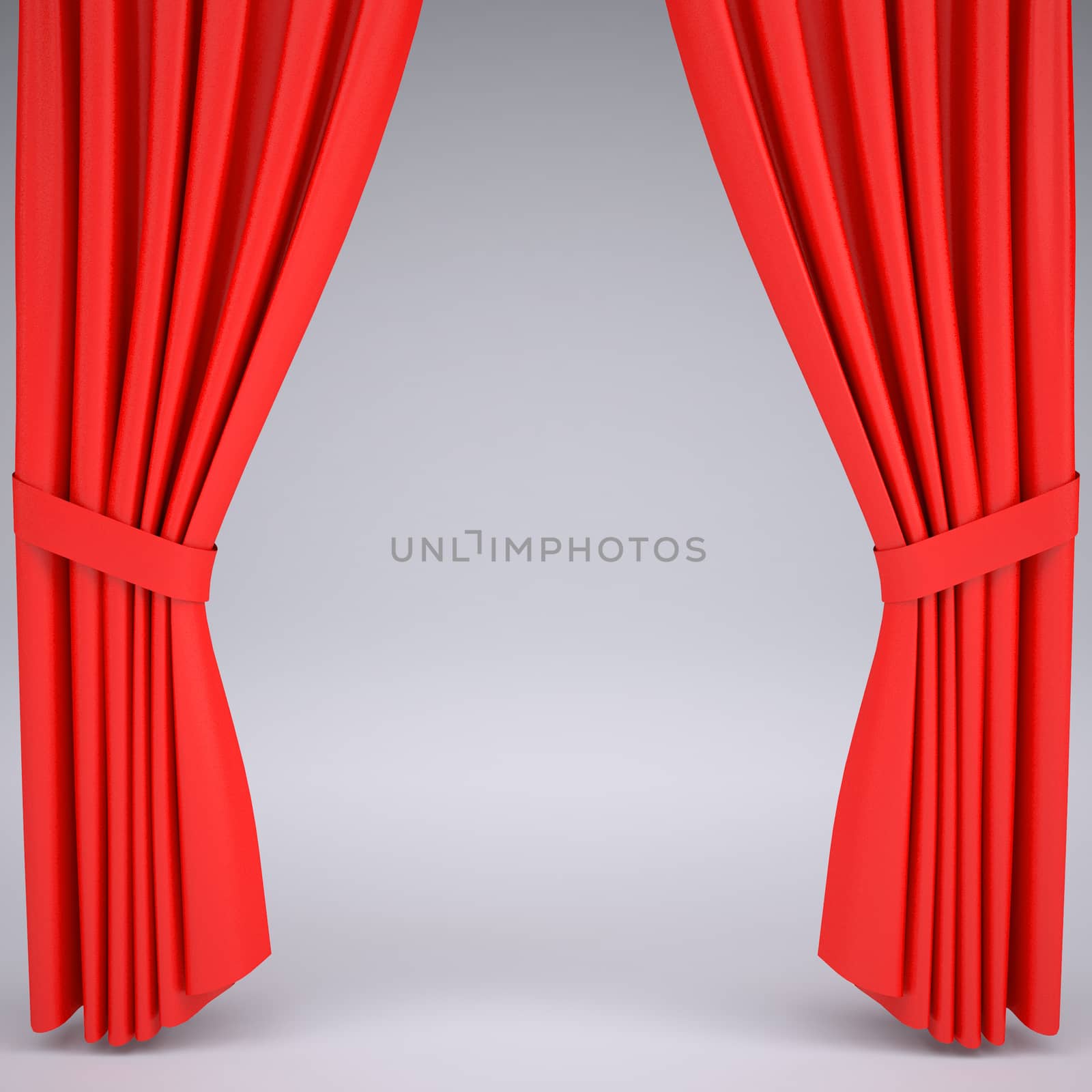 Open the red curtain. Behind the curtain of gray studio background