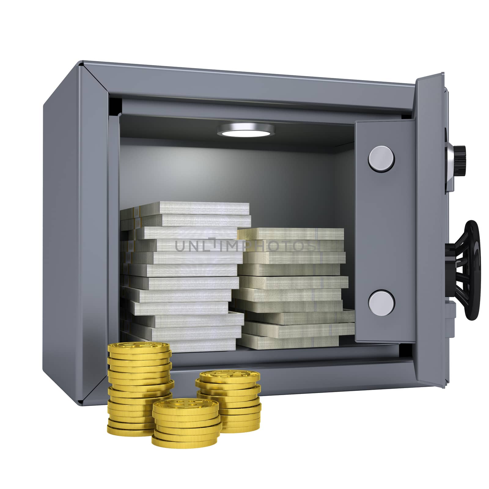 Wads of money and coins in a safe by cherezoff