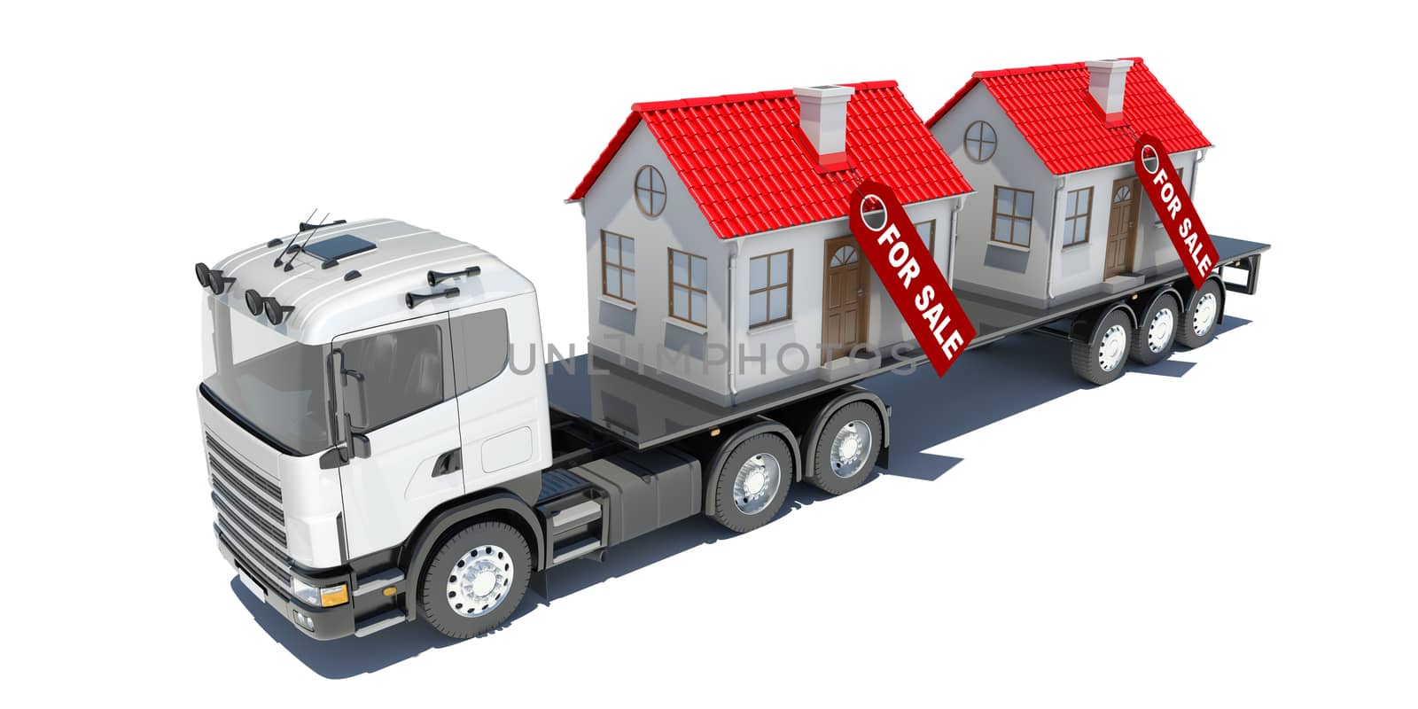 Truck carries two houses. Isolated render on a white background