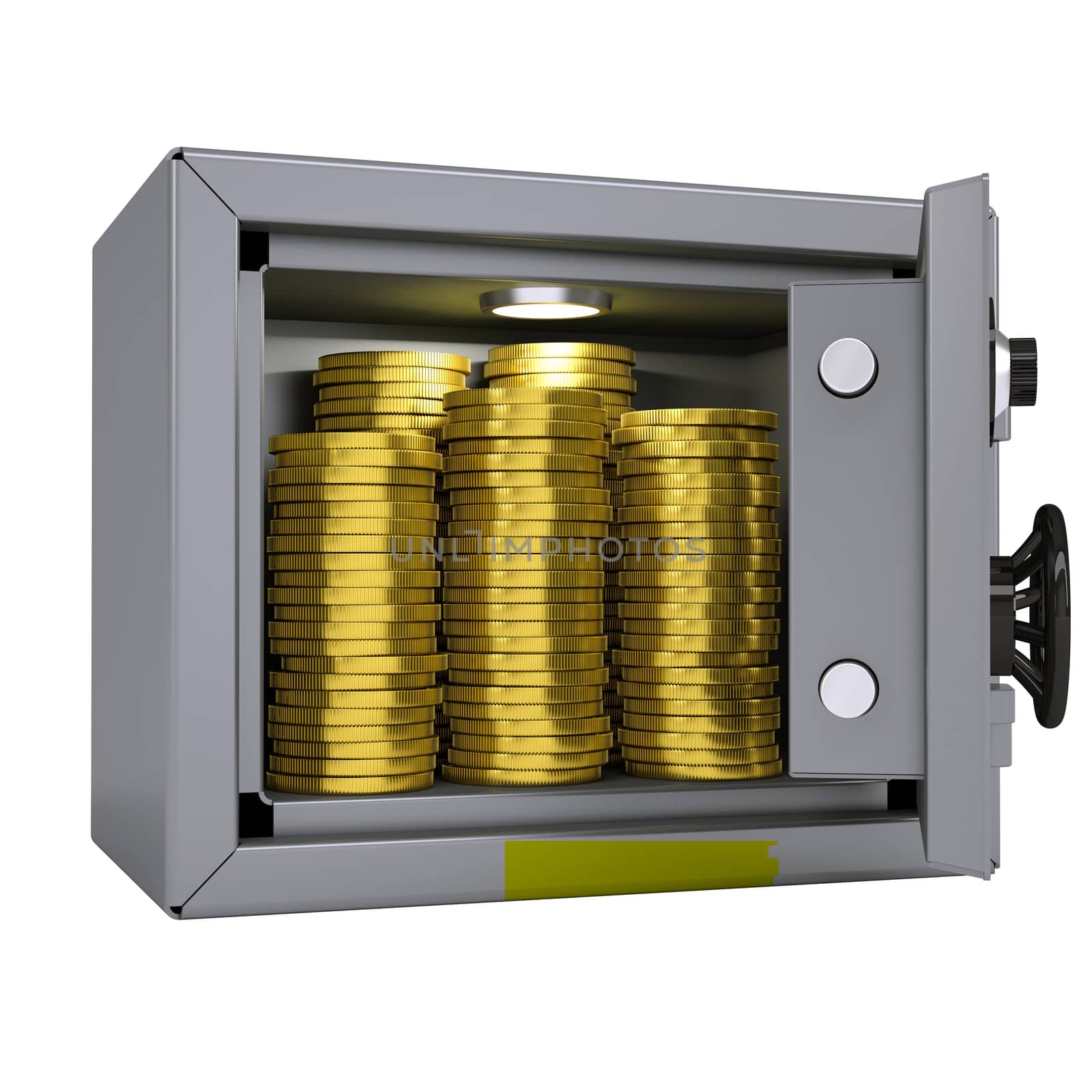 Gold coins in a safe. Isolated render on a white background