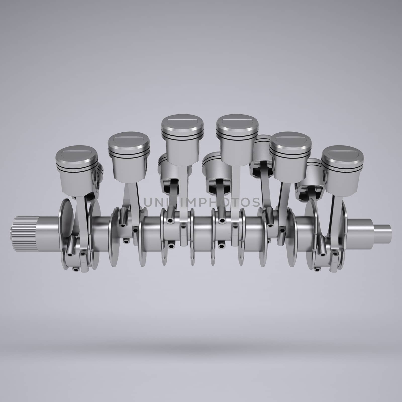 Crankshaft and pistons. Render on a gray background