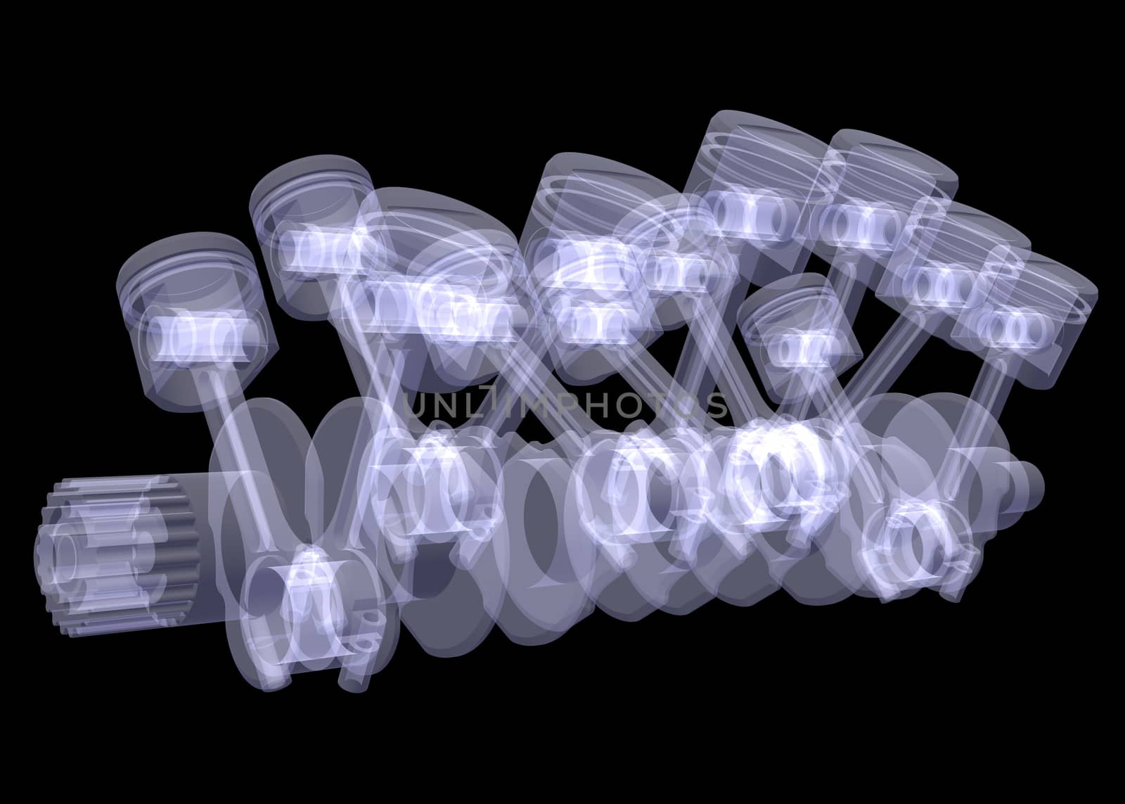 Crankshaft and pistons. X-ray render isolated on black background