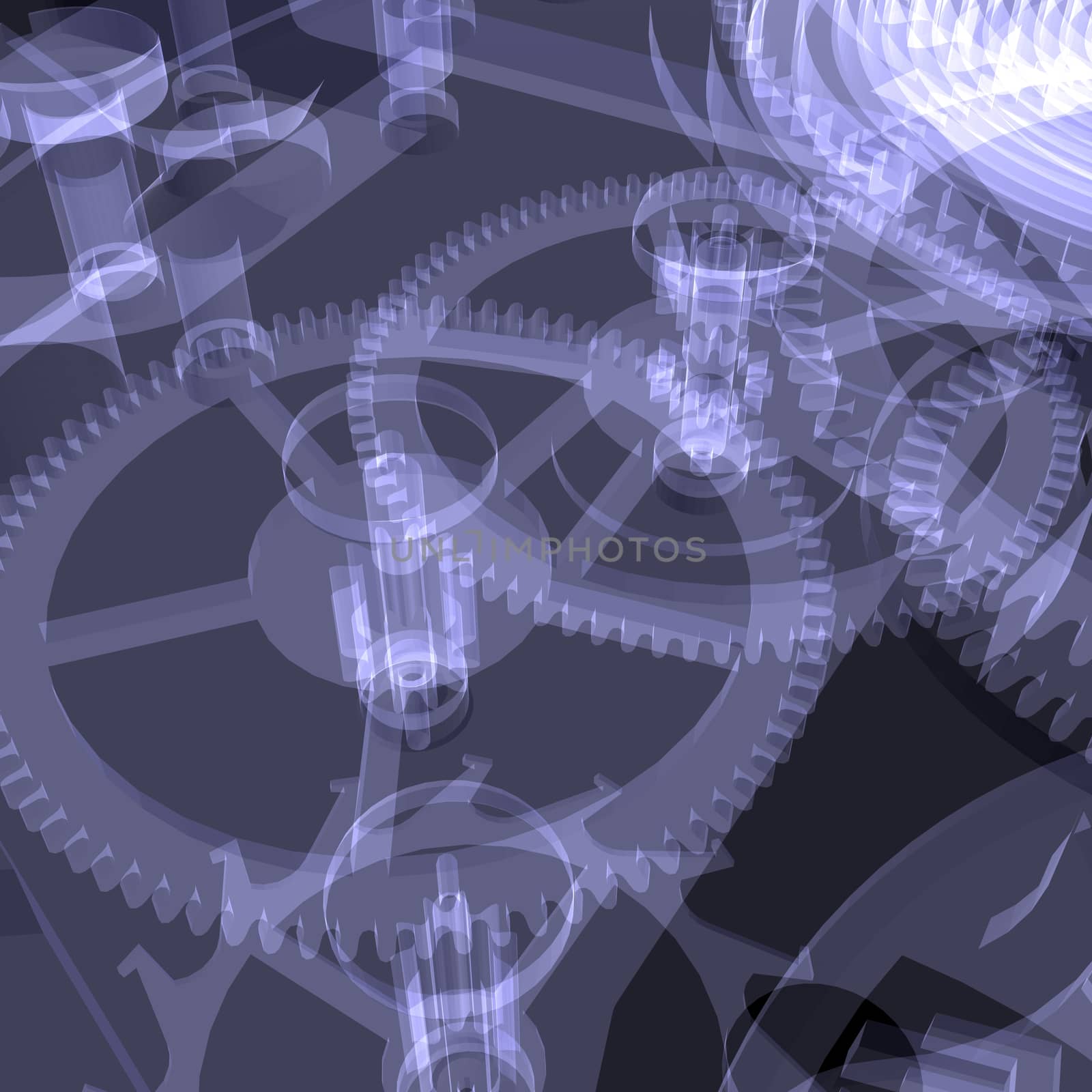 Clock mechanism. Isolated X-ray render on a black background