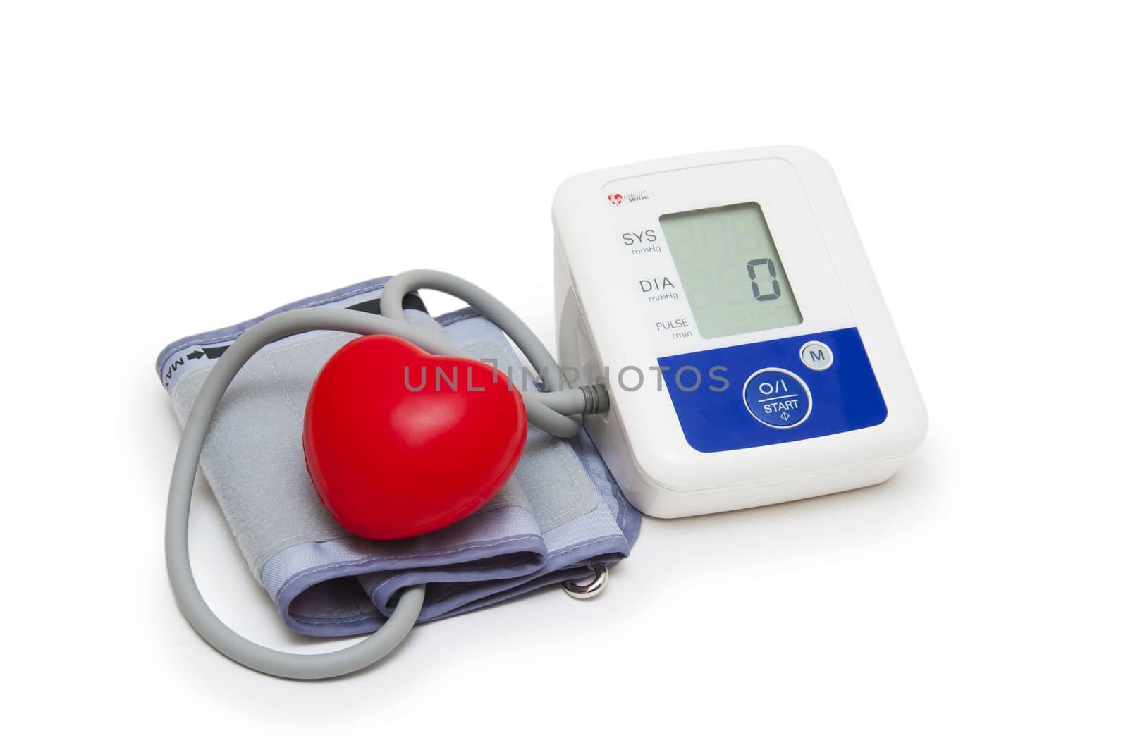 Digital blood pressure meter with love heart symbol on white background