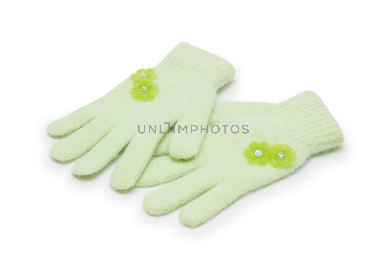 woman knitted gloves, isolated on white