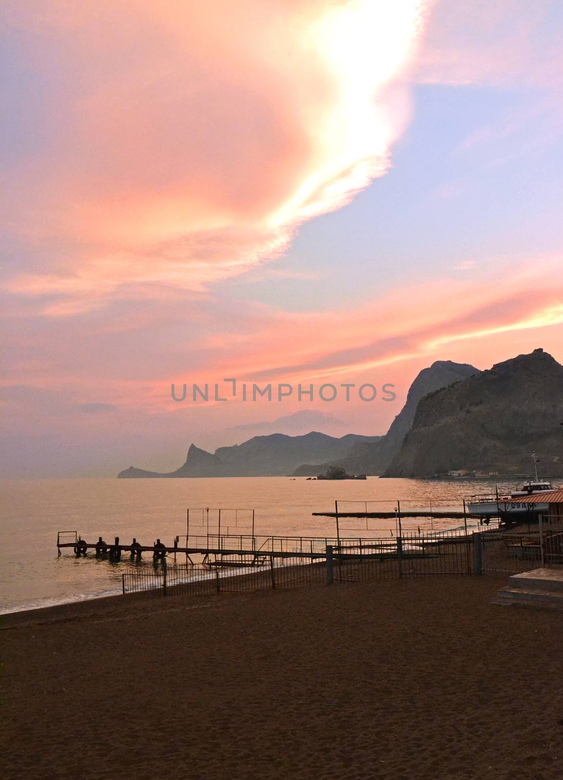 mountains, the sea, sandy beach at sunset by Irene1601