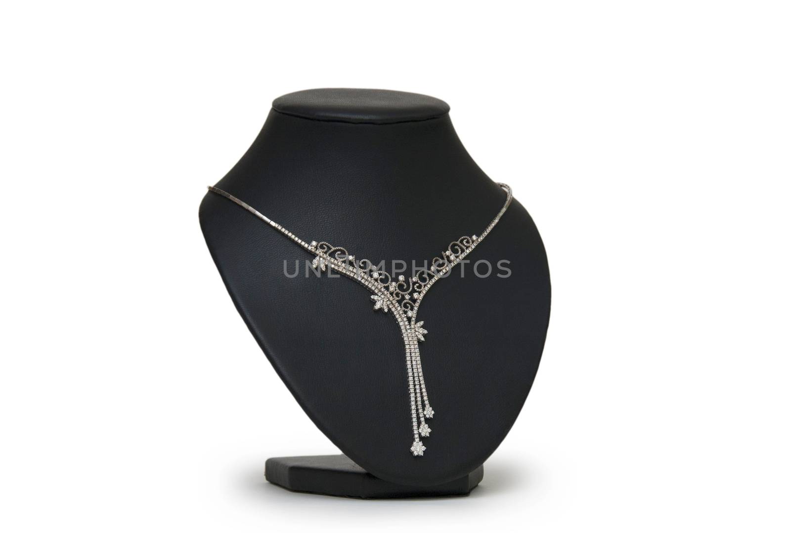 beautiful silver necklace on mannequin isolated on white