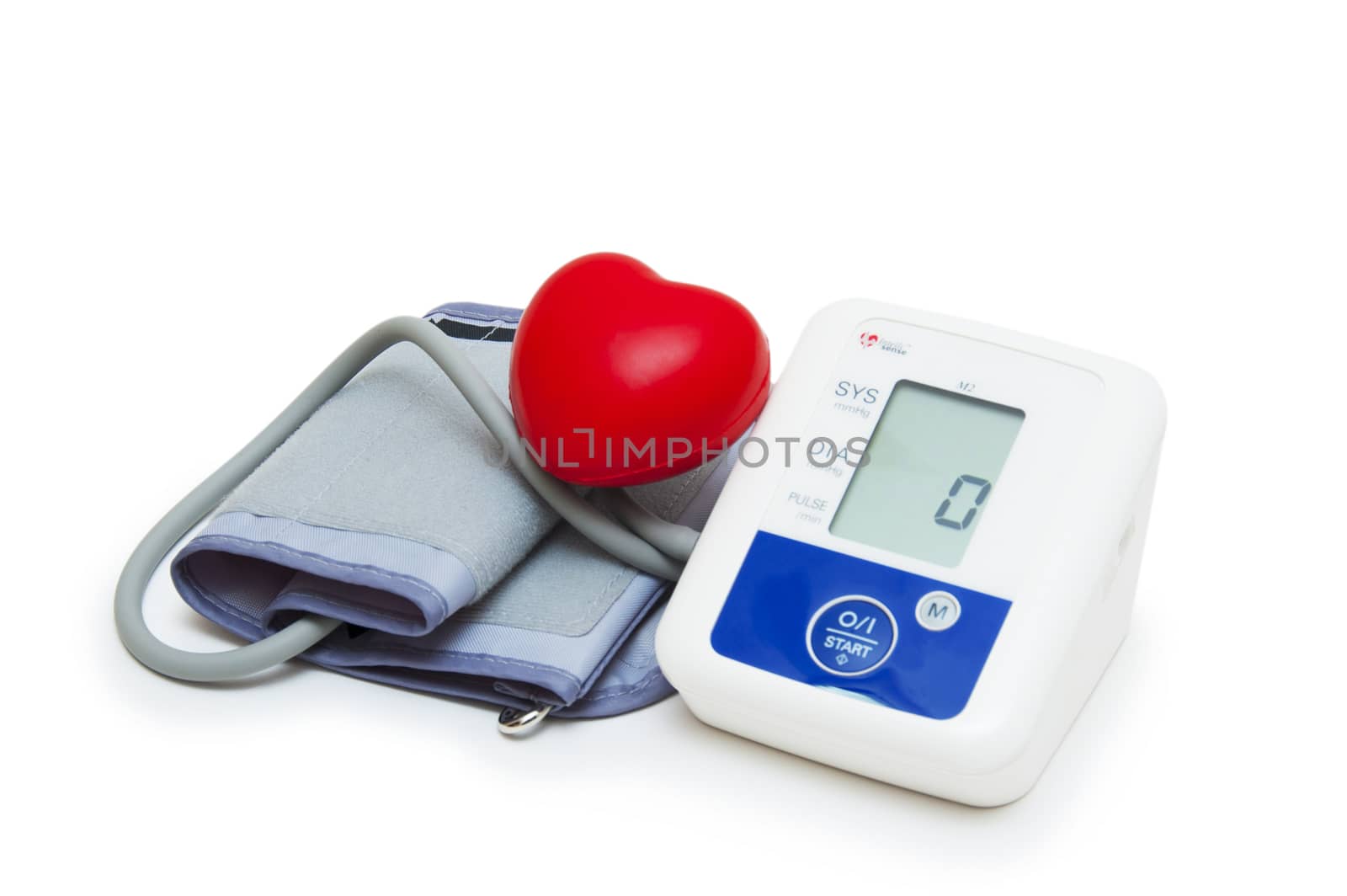 Digital blood pressure meter with love heart symbol on white background