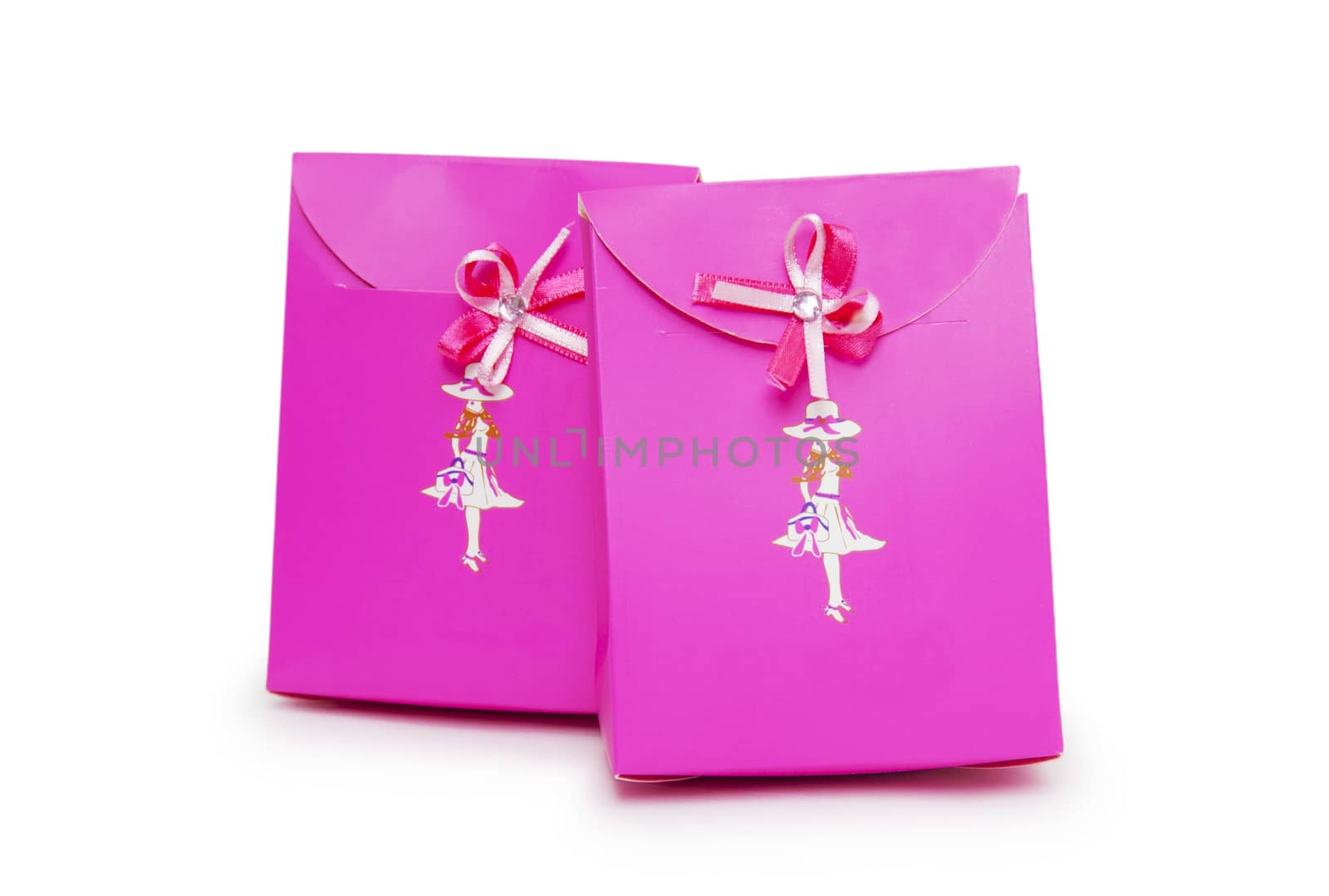 pink gift boxes on white background.