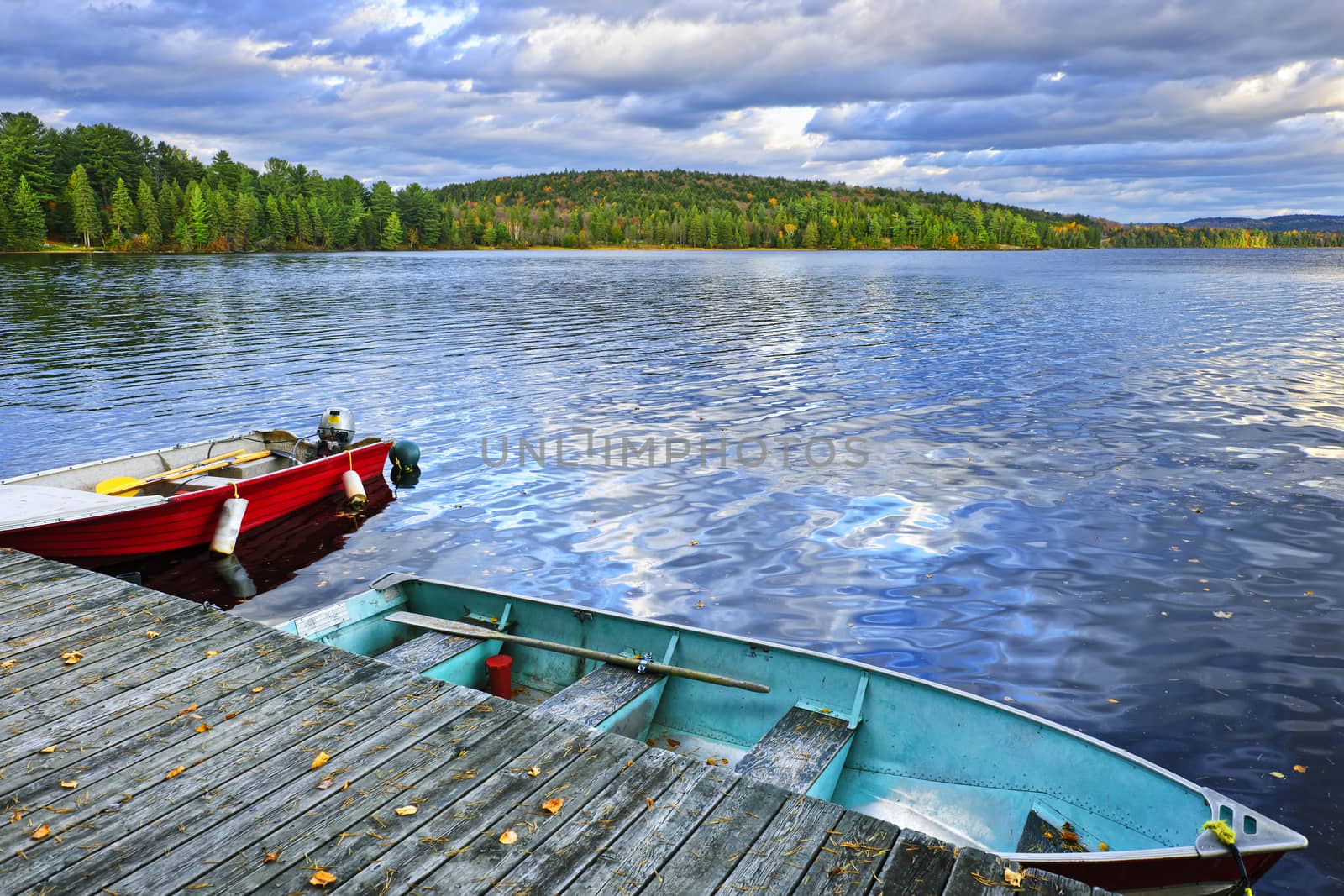 Rowboats docked on Lake of Two Rivers in Algonquin Park, Ontario, Canada